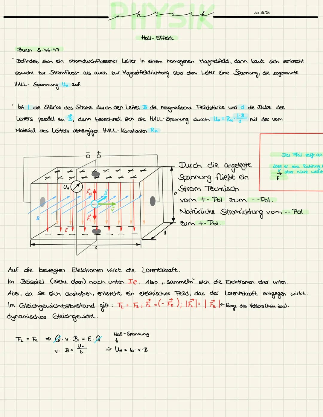 # Hall-Effekt
30.10.20
Buch S.46-47
- Befindet sich ein stromdurchflossener Leiter in einem homogenen Magnetfeld, dann baut sich senkrecht s