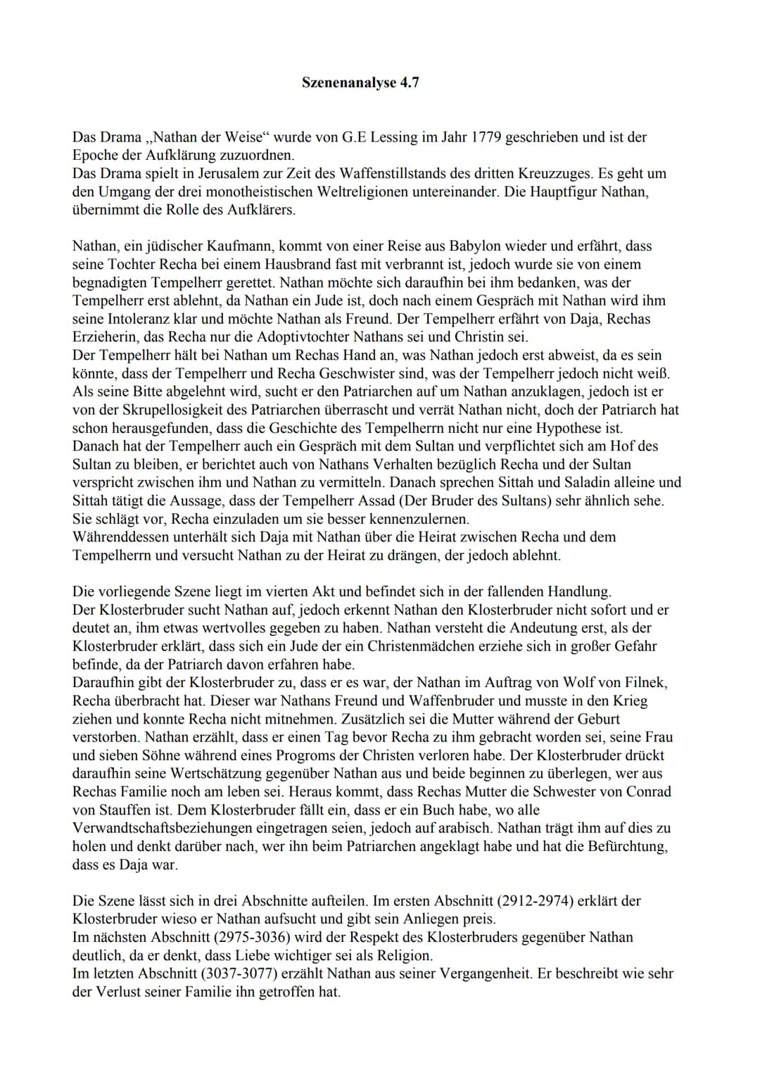 Erwartungshorizont zu IV, 7
## Verstehensleistung
Analysieren Sie den Auszug aus dem Drama „Nathan der Weise“ von Gotthold Ephraim Lessing