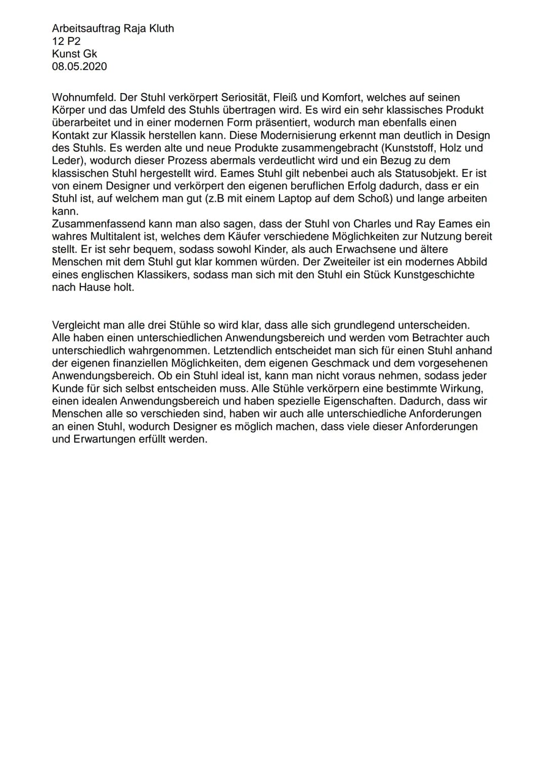 Arbeitsauftrag Raja Kluth
12 P2
Kunst Gk
08.05.2020
- Design- Analyse -
Michael Thonet:
Der Stuhl von Michael Thonet aus dem Jahr 1959 erf