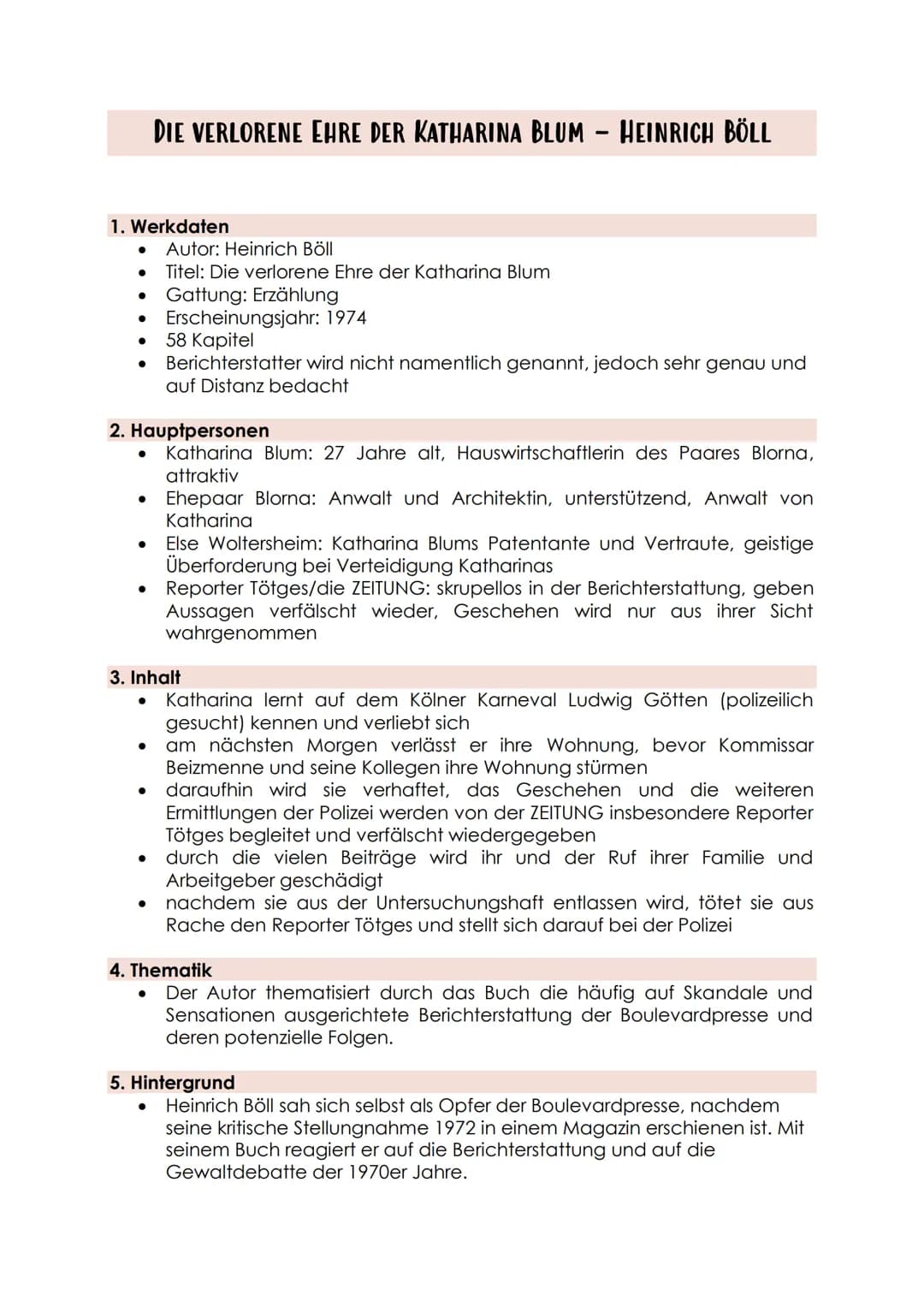 # DIE VERLORENE EHRE DER KATHARINA BLUM - HEINRICH BÖLL
## 1. Werkdaten
- Autor: Heinrich Böll
- Titel: Die verlorene Ehre der Katharina Bl
