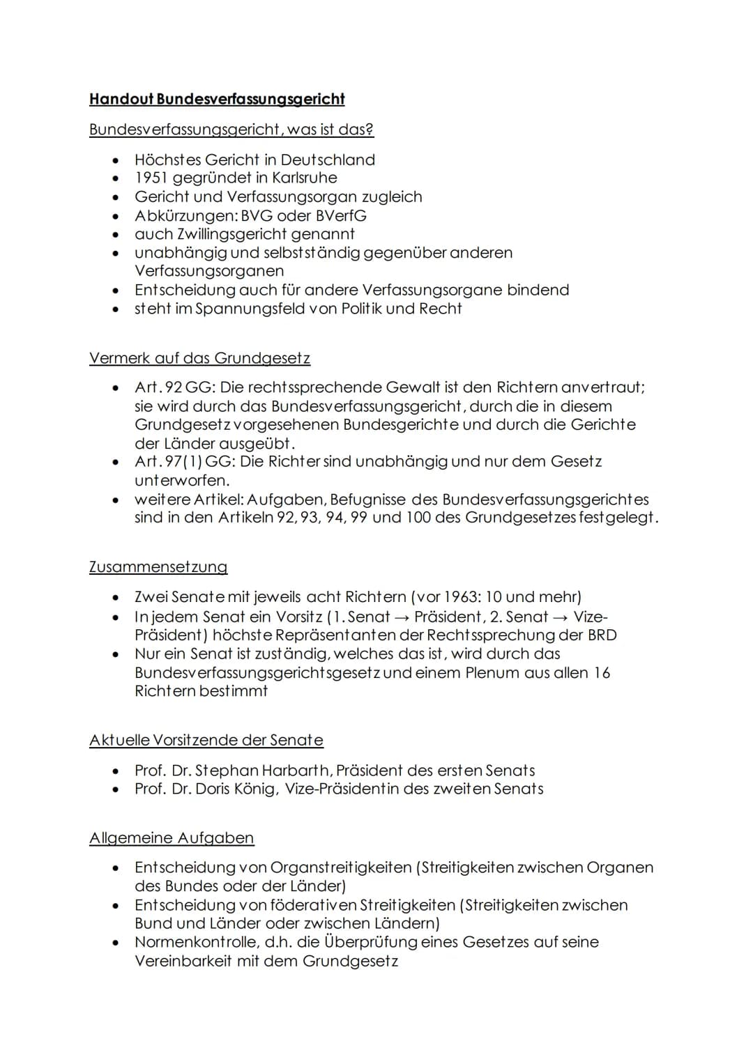 # Handout Bundesverfassungsgericht
## Bundesverfassungsgericht, was ist das?
* Höchstes Gericht in Deutschland
* 1951 gegründet in Karlsru