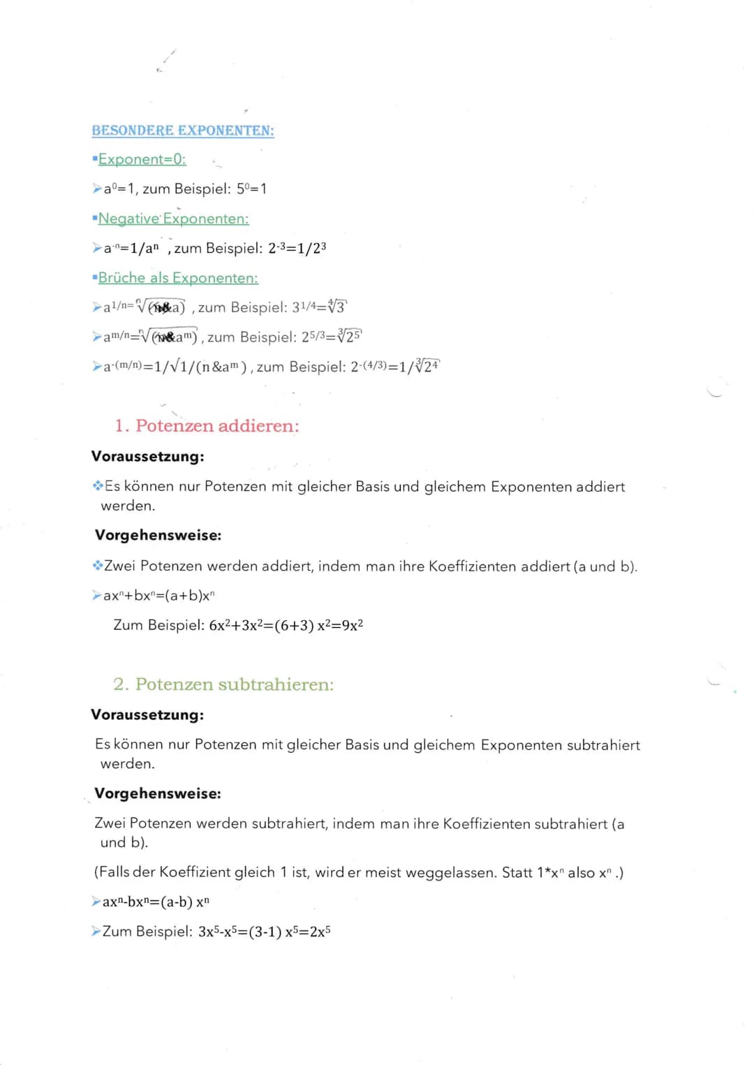 # BESONDERE EXPONENTEN:
## Exponent=0:
- $a^0=1$, zum Beispiel: $5^0=1$
## Negative Exponenten:
- $a^{-n}=1/a^n$, zum Beispiel: $2^{-3}=1/2^
