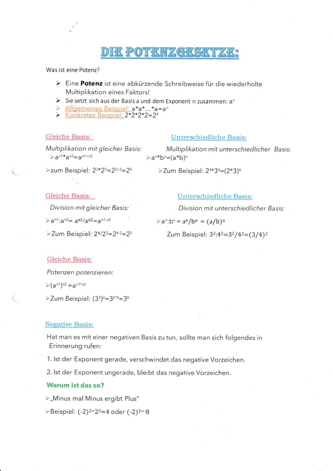 # BESONDERE EXPONENTEN:
## Exponent=0:
- $a^0=1$, zum Beispiel: $5^0=1$
## Negative Exponenten:
- $a^{-n}=1/a^n$, zum Beispiel: $2^{-3}=1/2^
