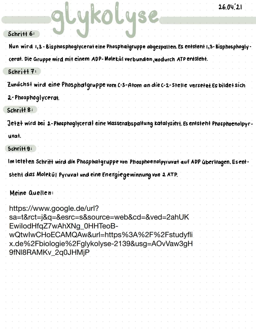 # glykolyse 26.04.21
### Schritt 6:
Nun wird 1,3-Bisphosphoglycerat eine Phosphatgruppe abgespalten. Es entstent 1,3-Bisphosphoglycerat. Di