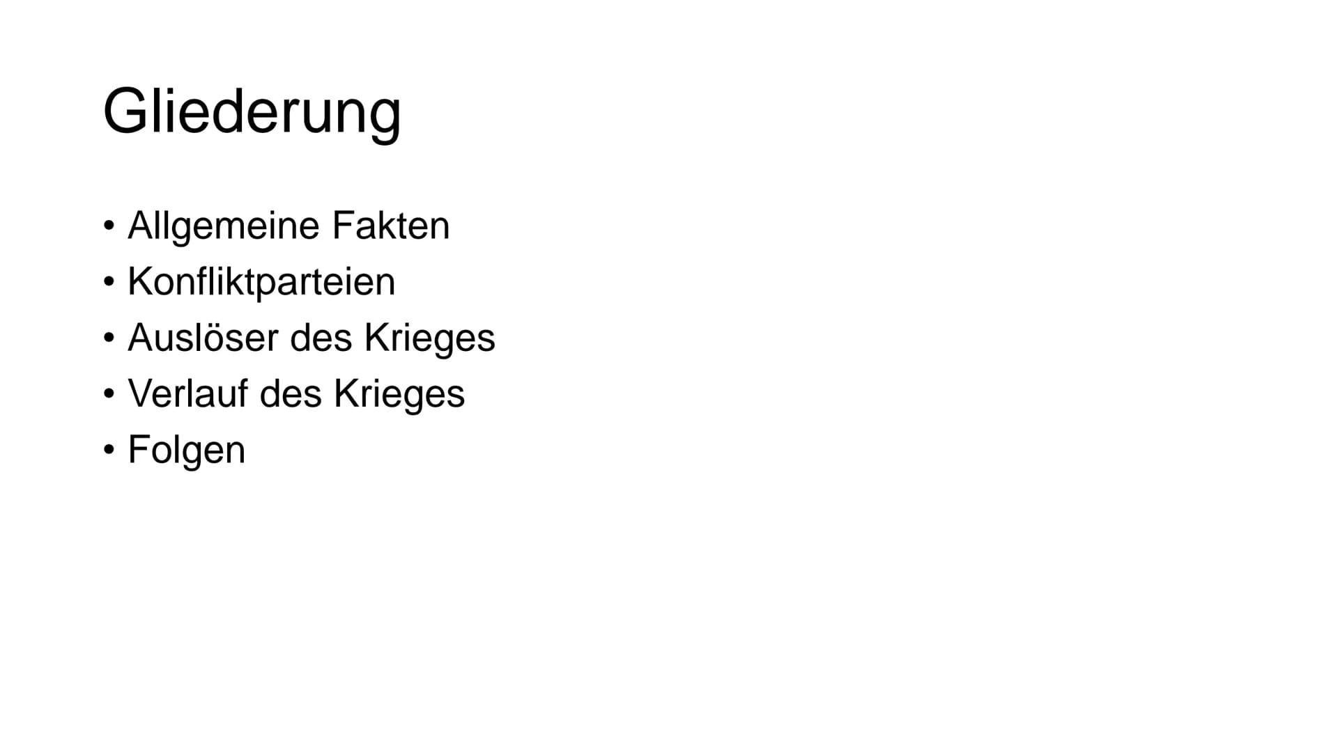 Vietnamkrieg
Ein Referat von .... # Gliederung
* Allgemeine Fakten
* Konfliktparteien
* Auslöser des Krieges
* Verlauf des Krieges
* Folgen