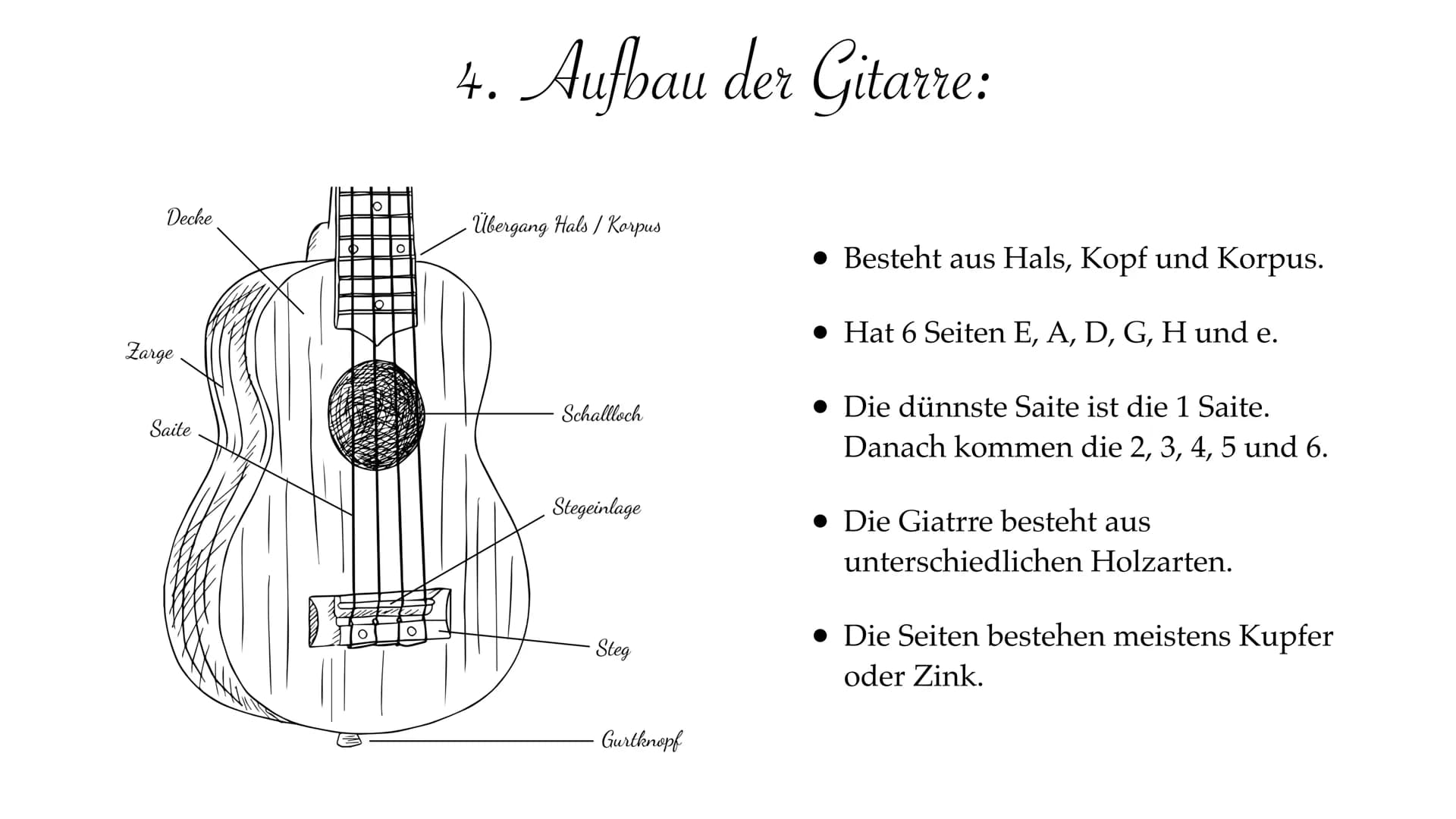Die Akustische
Gitarre # Inhaltsverzeichnis
1. Was ist die Gitarre?
2. Die Gescheite der Gitarre.
3. Wie funktioniert eine Gitarre?
4. Aufba