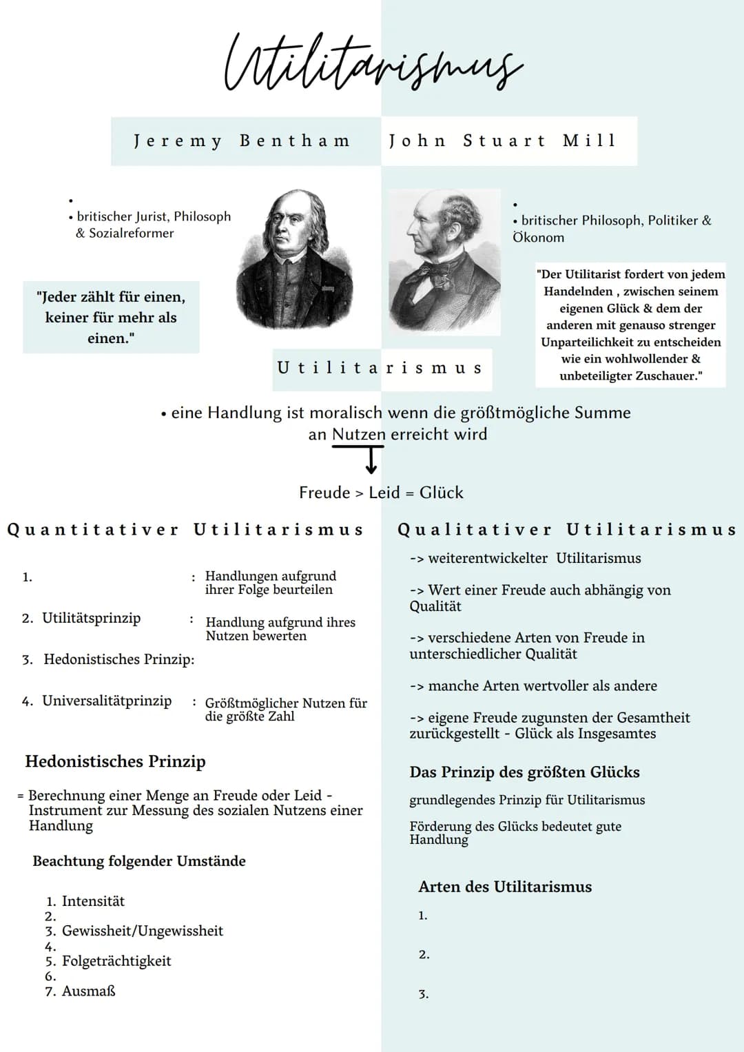 # Utilitarismus
Jeremy Bentham
John Stuart Mill
- britischer Jurist, Philosoph & Sozialreformer
> "Jeder zählt für einen, keiner für mehr
