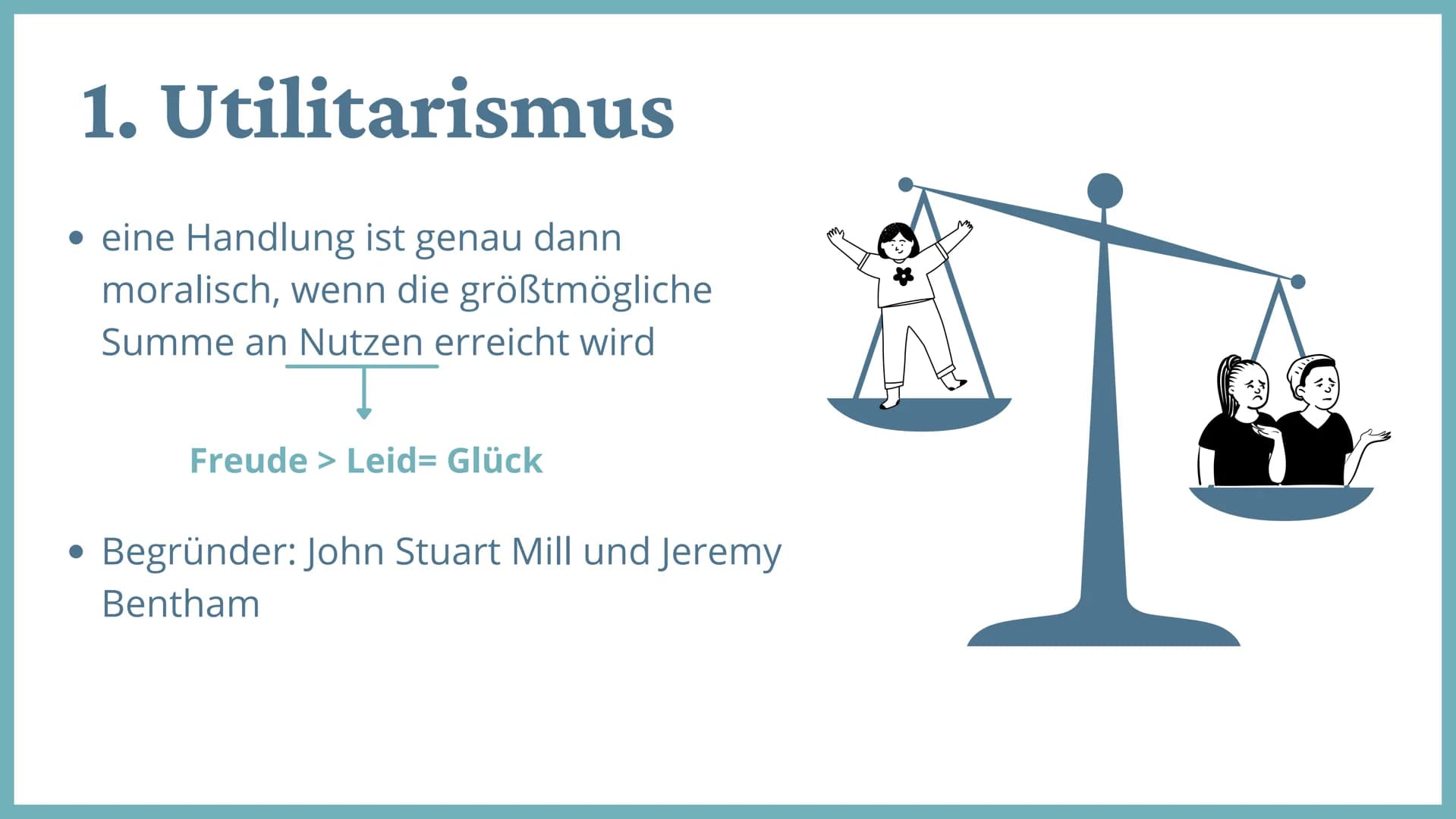 # Utilitarismus
Jeremy Bentham
John Stuart Mill
- britischer Jurist, Philosoph & Sozialreformer
> "Jeder zählt für einen, keiner für mehr