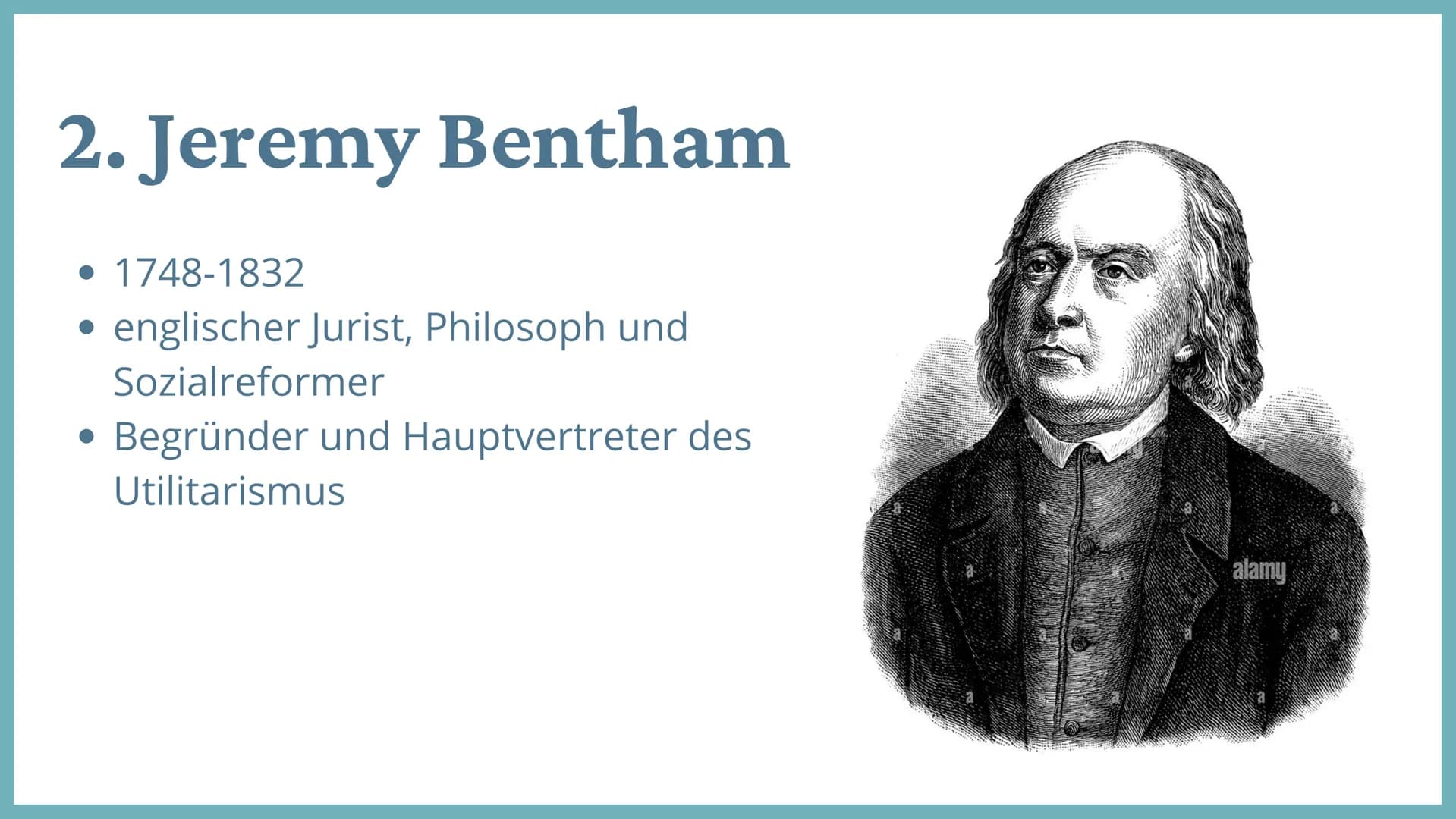 # Utilitarismus
Jeremy Bentham
John Stuart Mill
- britischer Jurist, Philosoph & Sozialreformer
> "Jeder zählt für einen, keiner für mehr