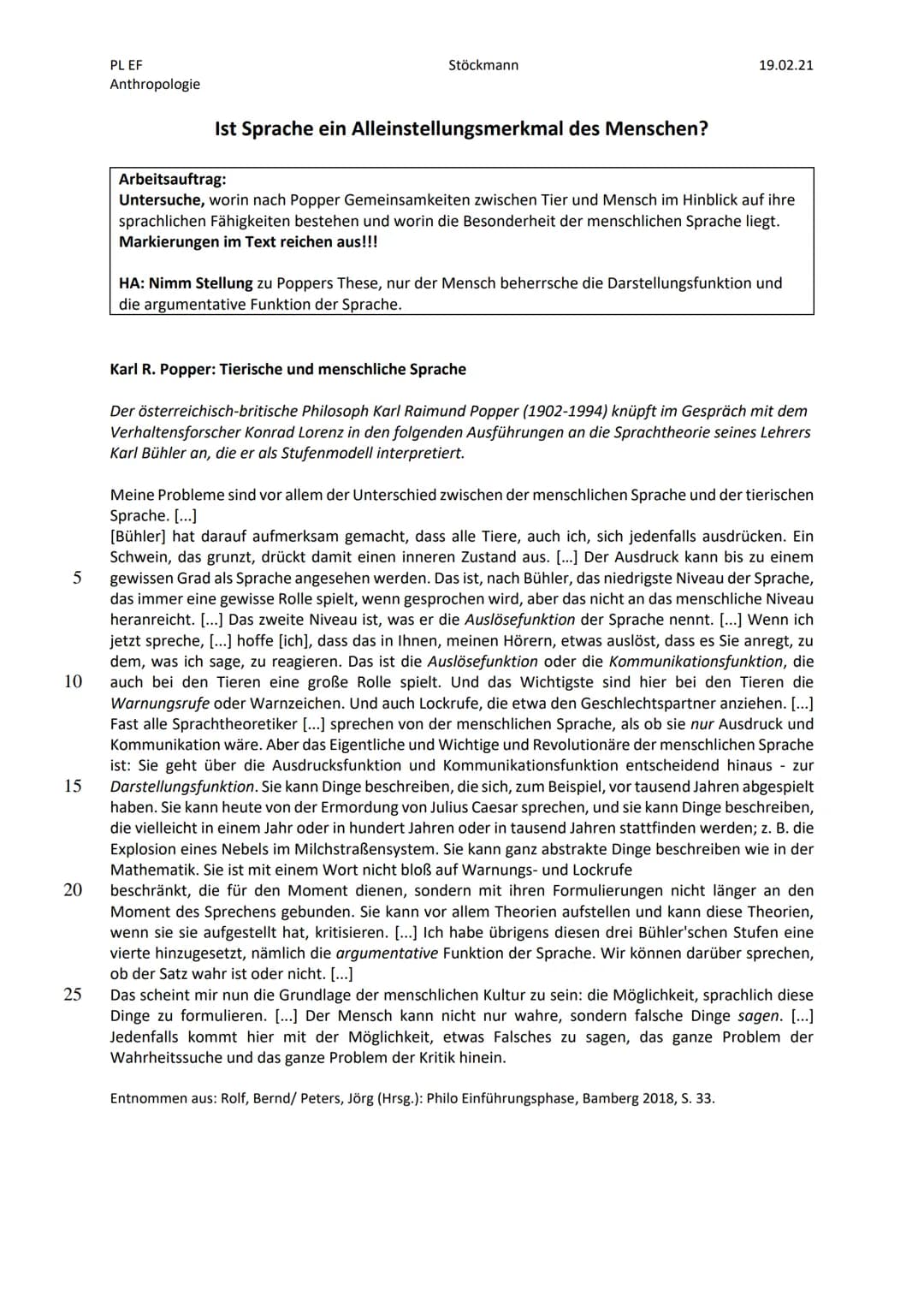 PL EF
Anthropologie
Stöckmann
19.02.21
# Ist Sprache ein Alleinstellungsmerkmal des Menschen?
## Arbeitsauftrag:
Untersuche, worin nach Pop