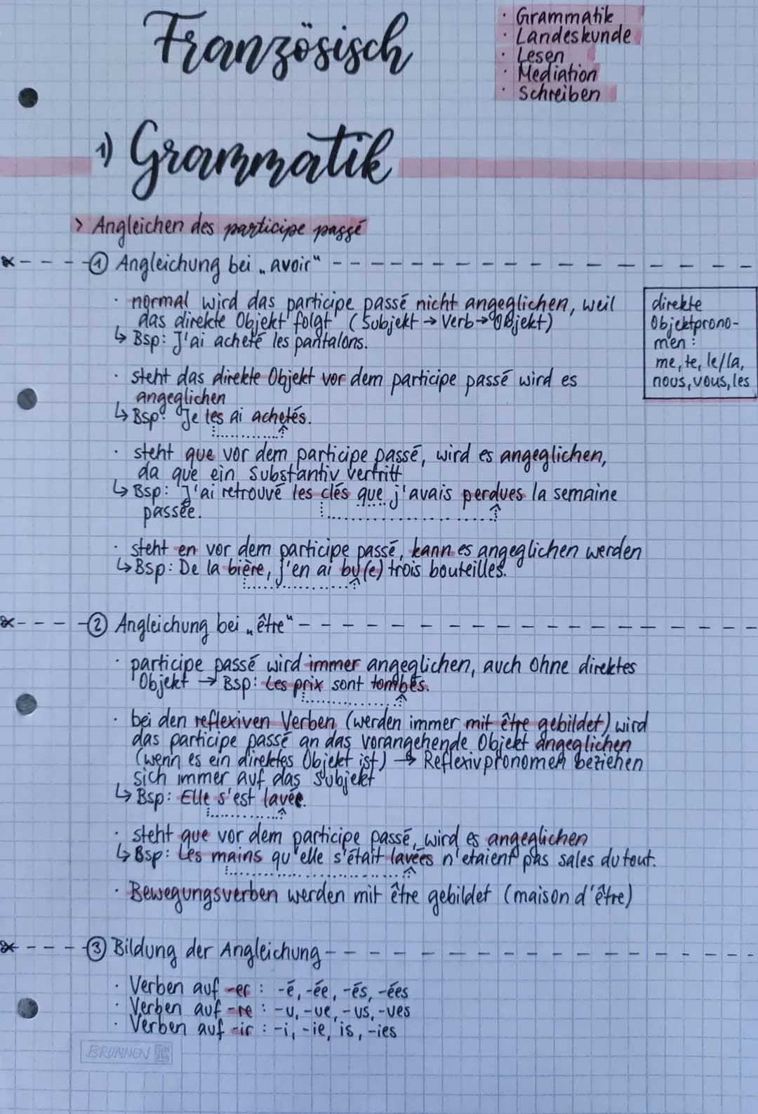 # Französisch
## Grammatik
### Angleichen des participe passé
### ① Angleichung bei „avoir“
- normal wird das participe passé nicht ange