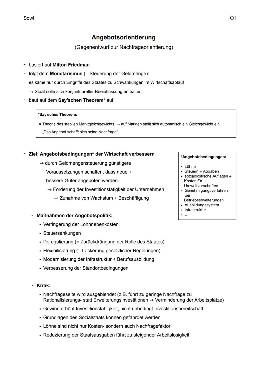 Sowi
# Angebotsorientierung
(Gegenentwurf zur Nachfrageorientierung)
- basiert auf Milton Friedman
- folgt dem Monetarismus (= Steuerung d