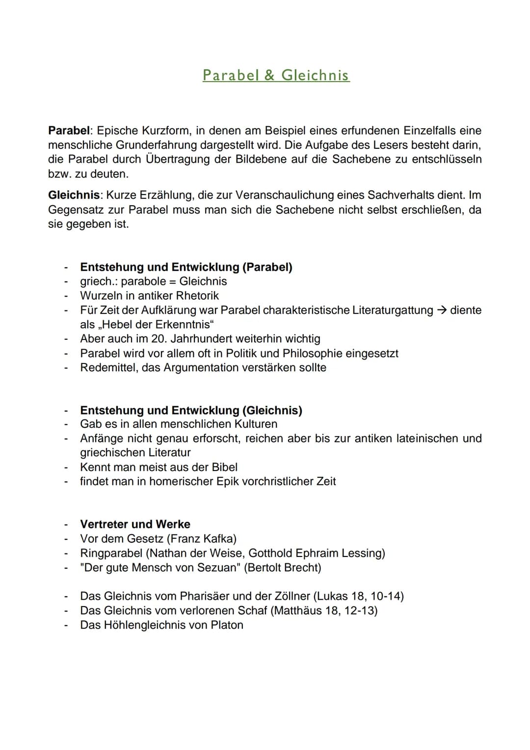 # Parabel & Gleichnis
**Parabel:** Epische Kurzform, in denen am Beispiel eines erfundenen Einzelfalls eine menschliche Grunderfahrung darg