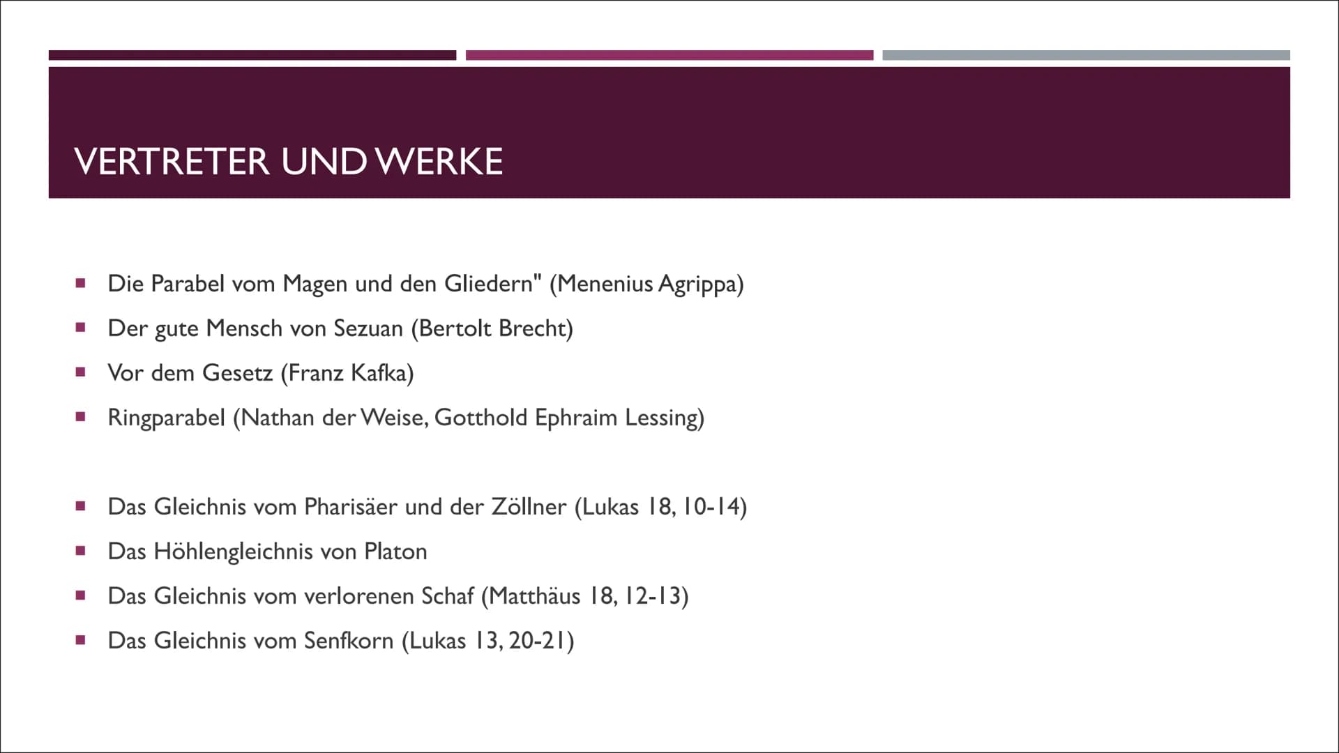 # Parabel & Gleichnis
**Parabel:** Epische Kurzform, in denen am Beispiel eines erfundenen Einzelfalls eine menschliche Grunderfahrung darg