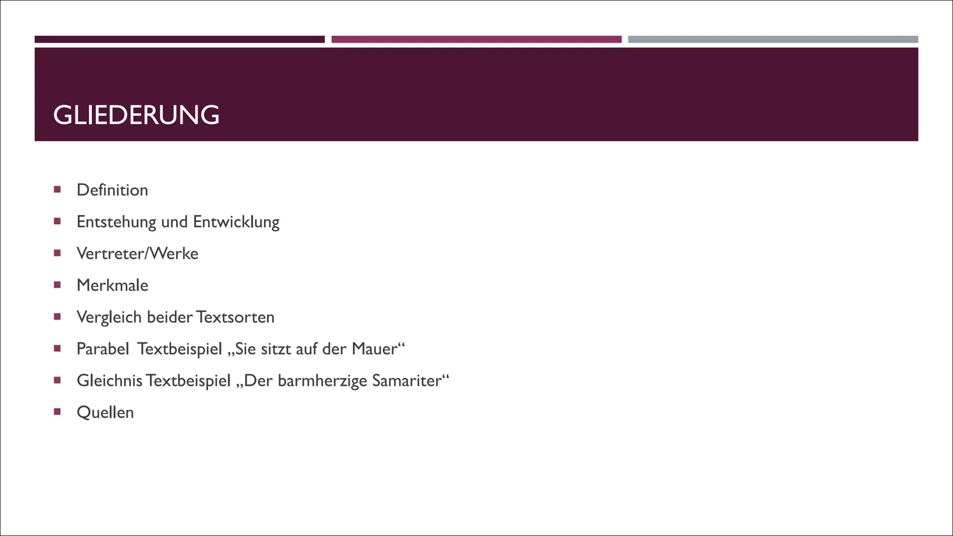 # Parabel & Gleichnis
**Parabel:** Epische Kurzform, in denen am Beispiel eines erfundenen Einzelfalls eine menschliche Grunderfahrung darg