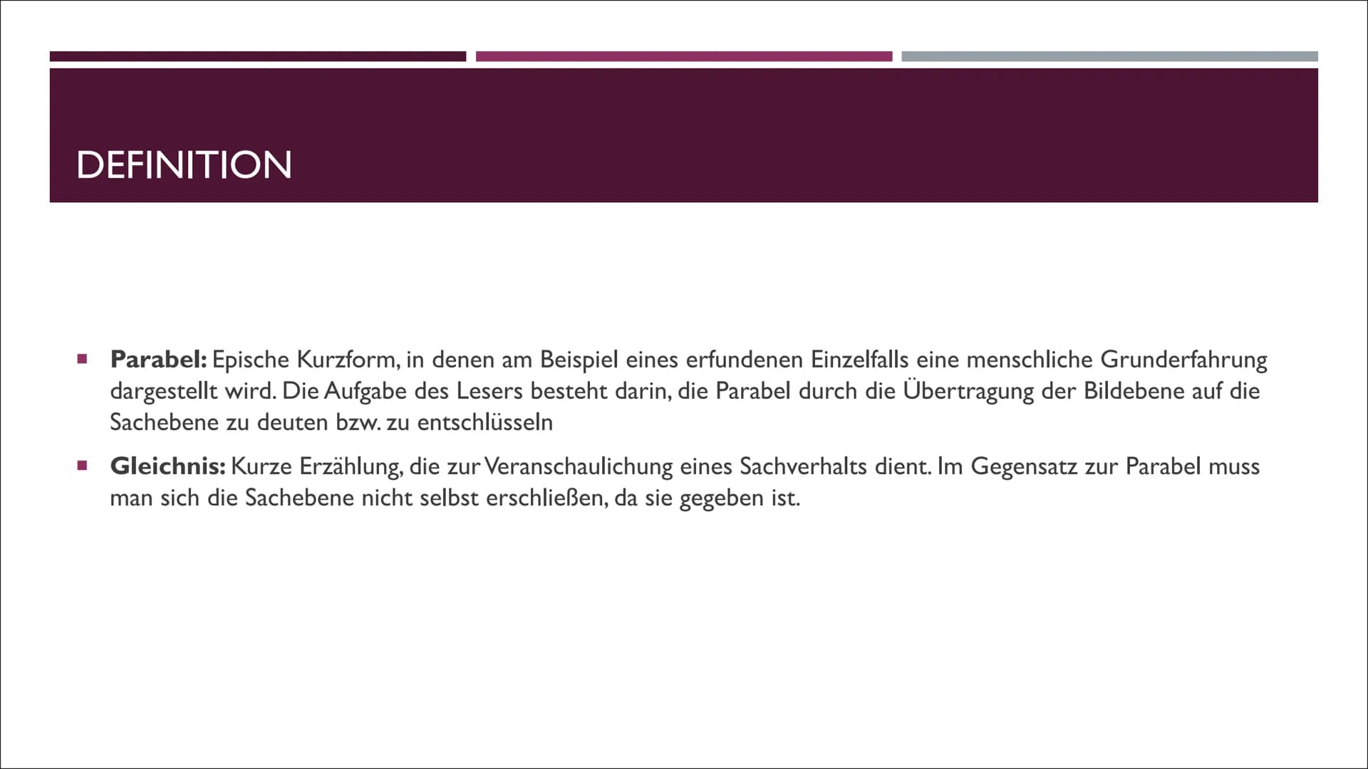 # Parabel & Gleichnis
**Parabel:** Epische Kurzform, in denen am Beispiel eines erfundenen Einzelfalls eine menschliche Grunderfahrung darg
