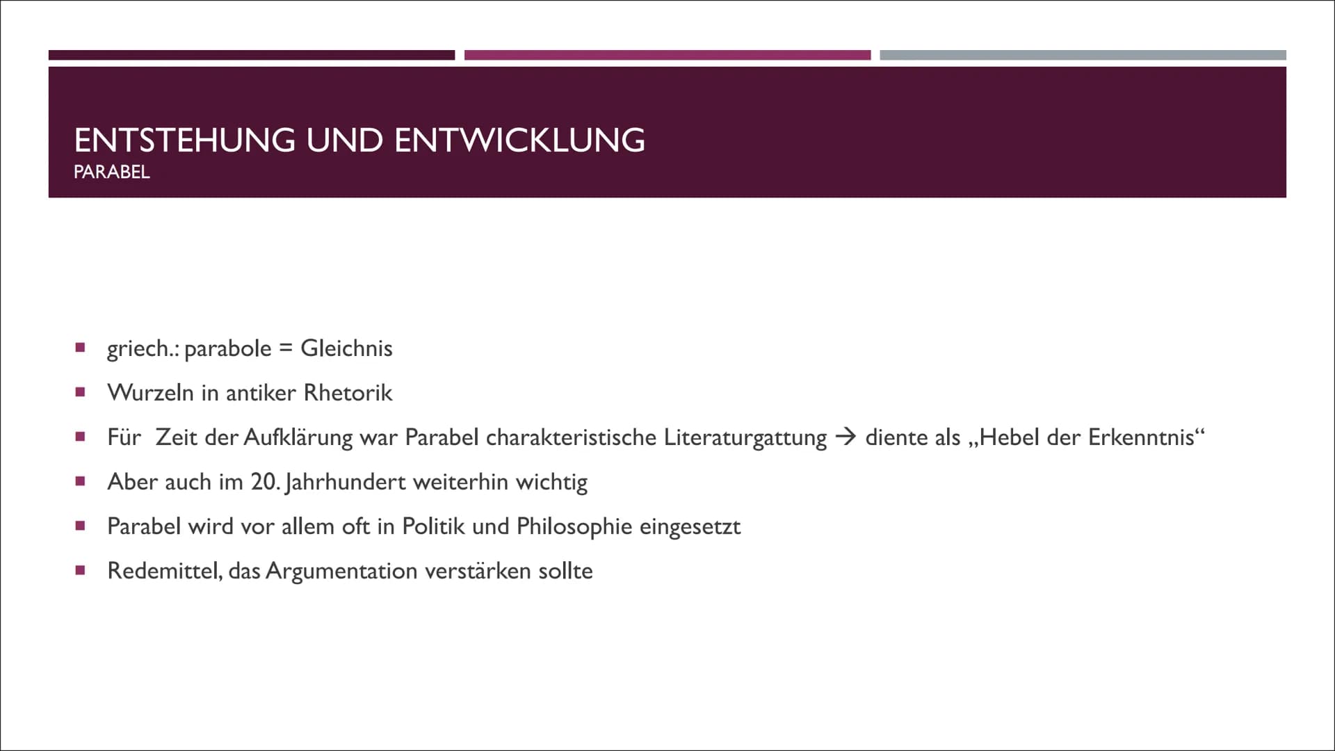 # Parabel & Gleichnis
**Parabel:** Epische Kurzform, in denen am Beispiel eines erfundenen Einzelfalls eine menschliche Grunderfahrung darg