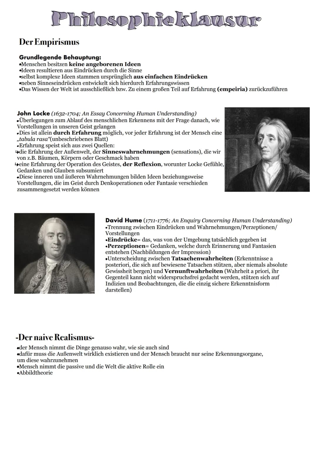 # Philosophieklausur
## Der Rationalismus
1. Nenne und erläutere die Zweifel Descartes.
- unsere Sinne täuschen uns häufig
- es gibt Mensc