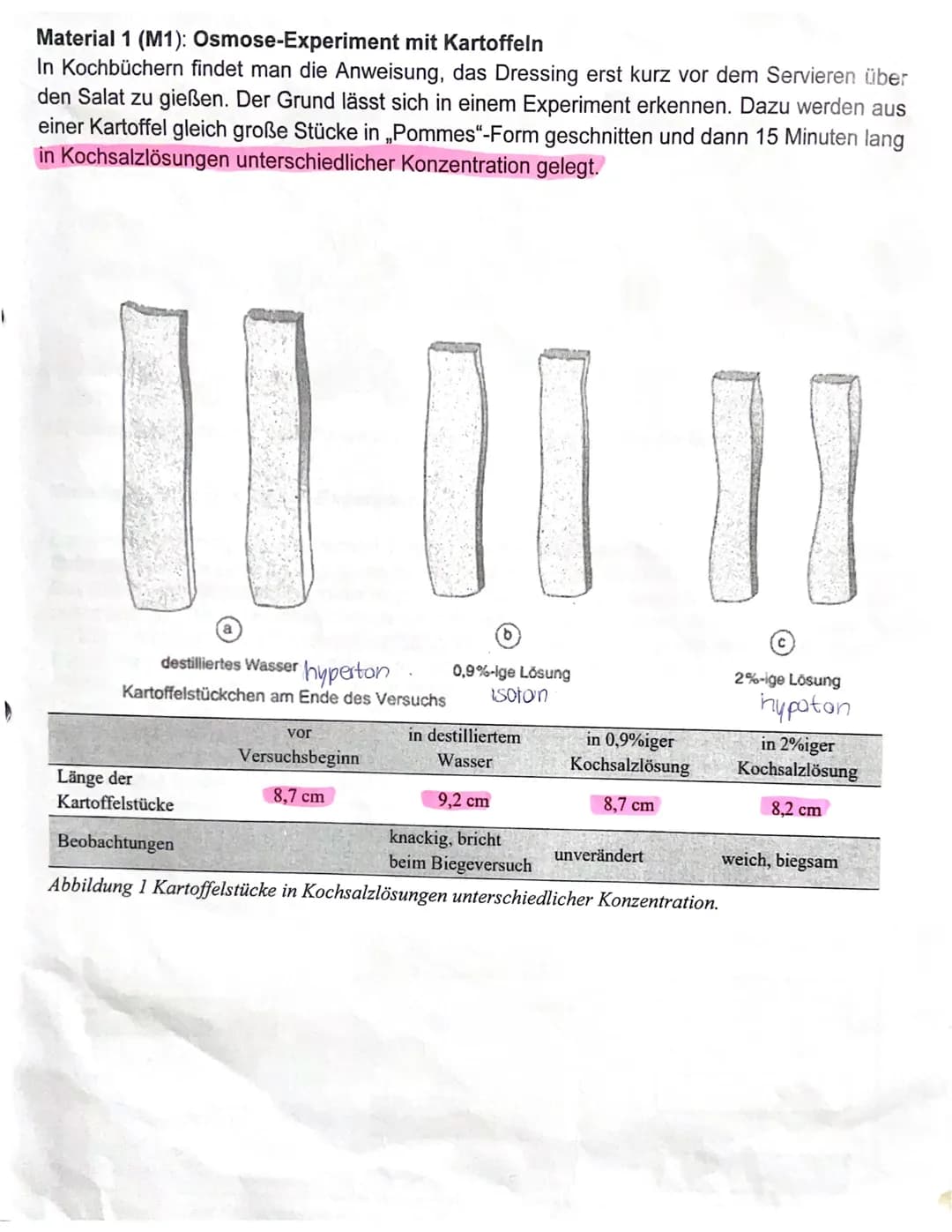 # Material 1 (M1): Osmose-Experiment mit Kartoffeln
In Kochbüchern findet man die Anweisung, das Dressing erst kurz vor dem Servieren über