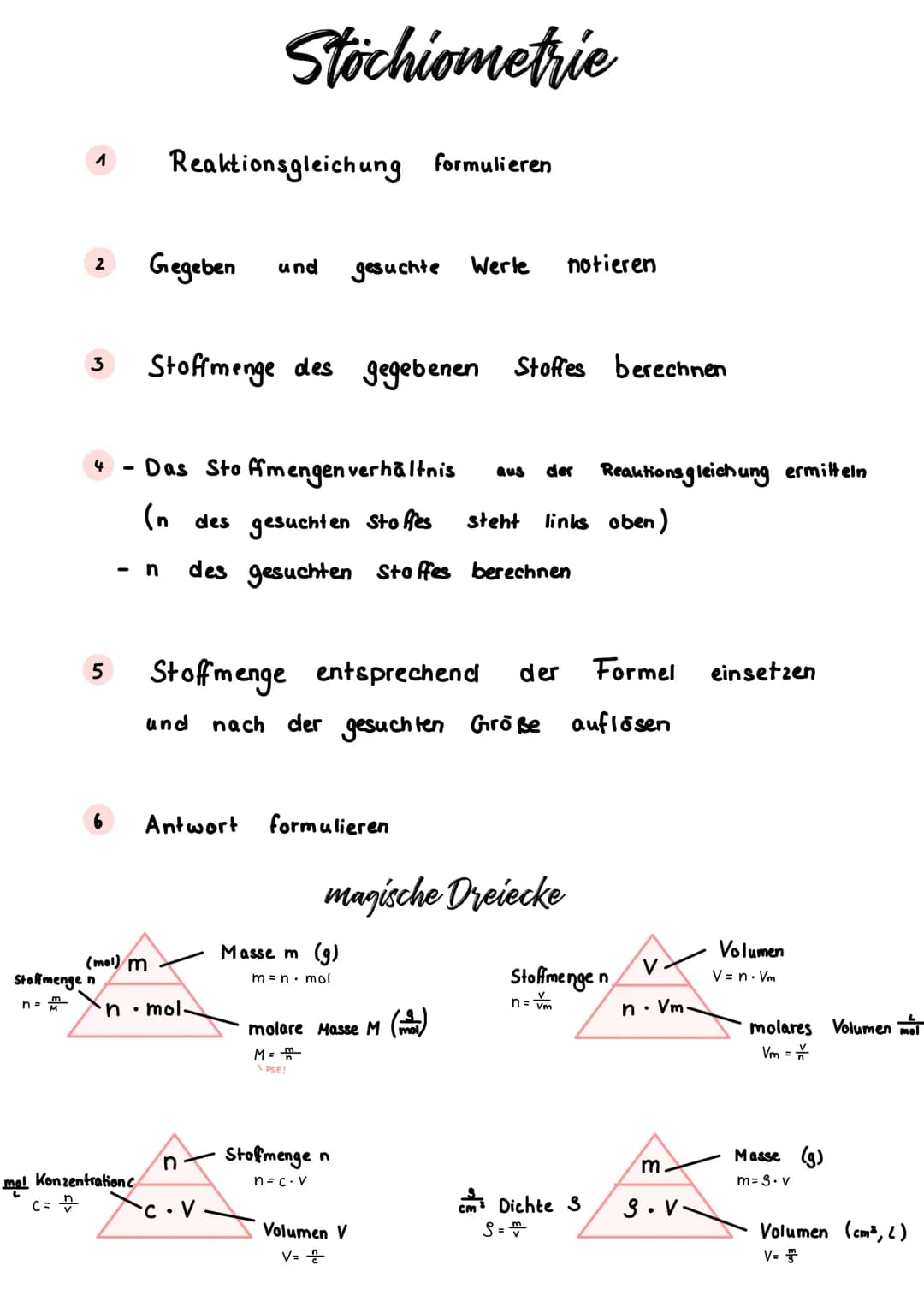 # Stöchiometrie
1. Reaktionsgleichung formulieren
2. Gegeben und gesuchte Werle notieren
3. Stoffmenge des gegebenen Stoffes berechnen
4