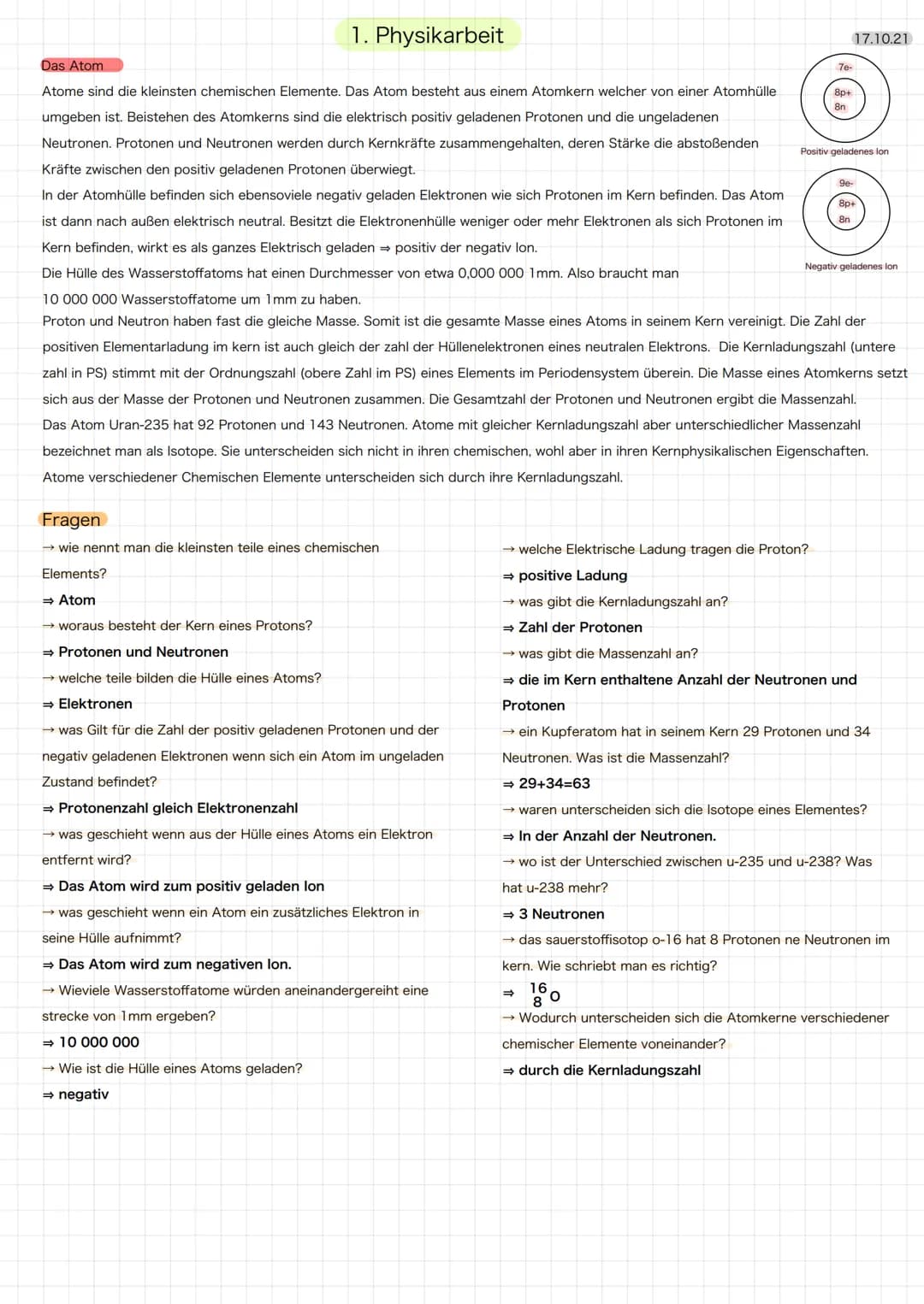 17.10.21
# 1. Physikarbeit
## Das Atom
Atome sind die kleinsten chemischen Elemente. Das Atom besteht aus einem Atomkern welcher von einer A