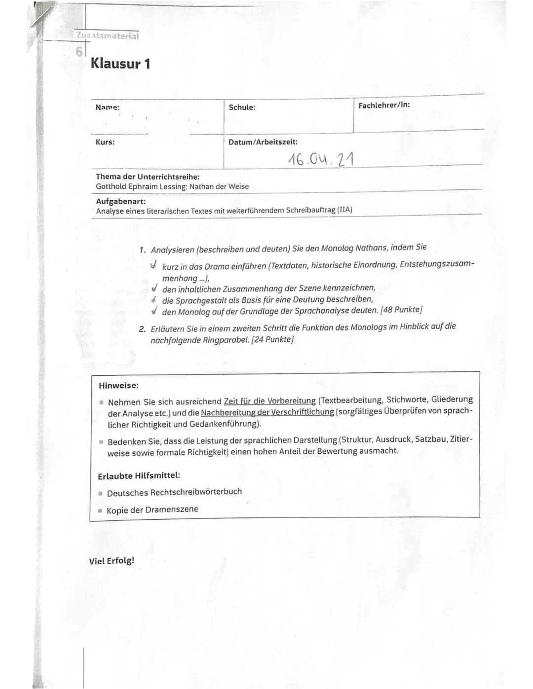 # Zusatzmaterial
6
# Bewertungsbogen für
Jchama
## 1. Verstehensleistung
### Teilaufgabe 1
#### Die Schülerin/der Schüler
max. erreichte
Pun