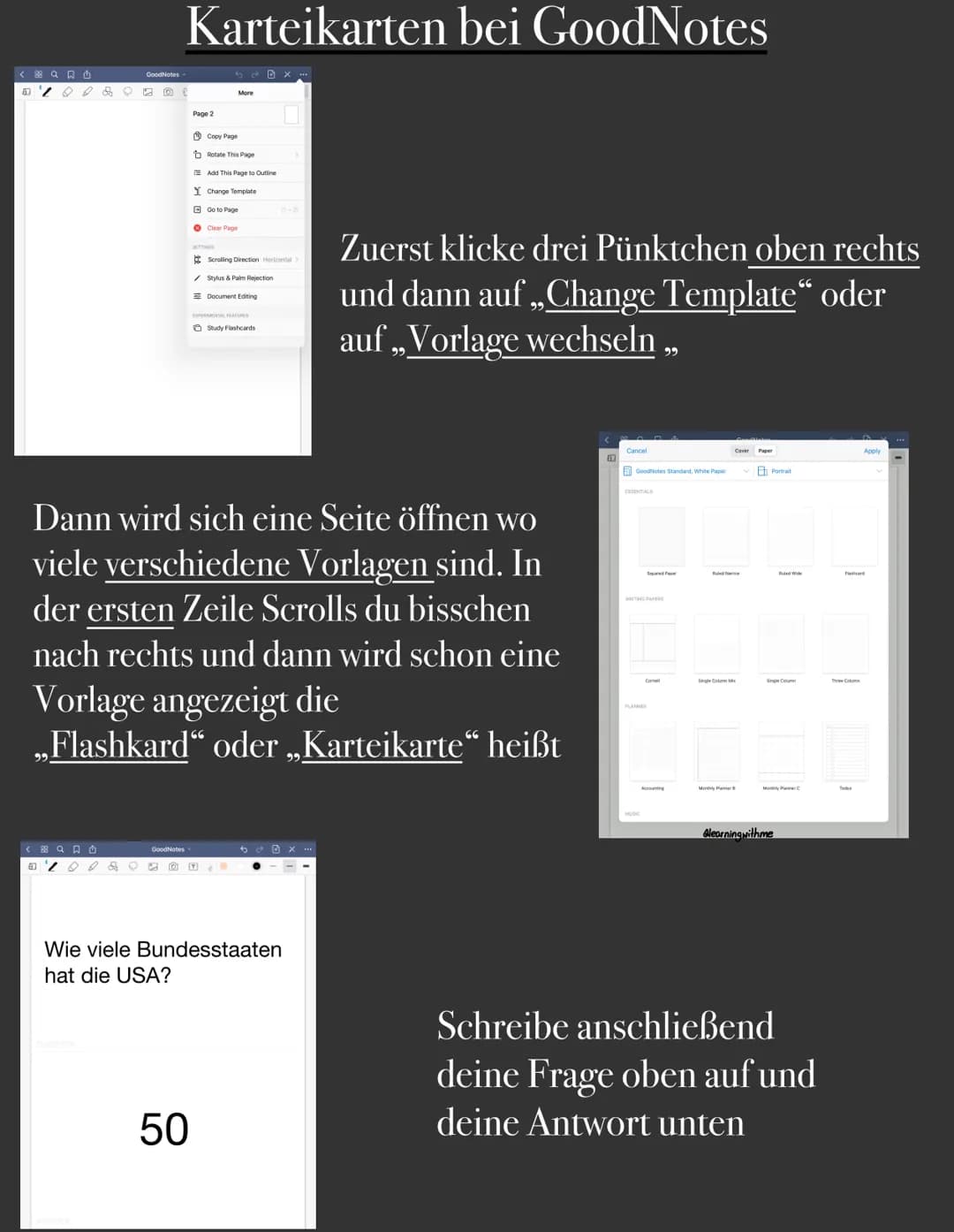 # Karteikarten bei GoodNotes
* Copy Page
* Rotate This Page
* Add This Page to Outline
* Charge Template
* Go to Page
* Scrolli