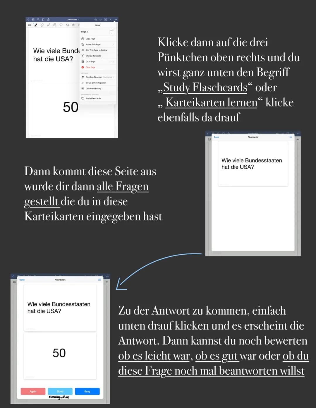 # Karteikarten bei GoodNotes
* Copy Page
* Rotate This Page
* Add This Page to Outline
* Charge Template
* Go to Page
* Scrolli
