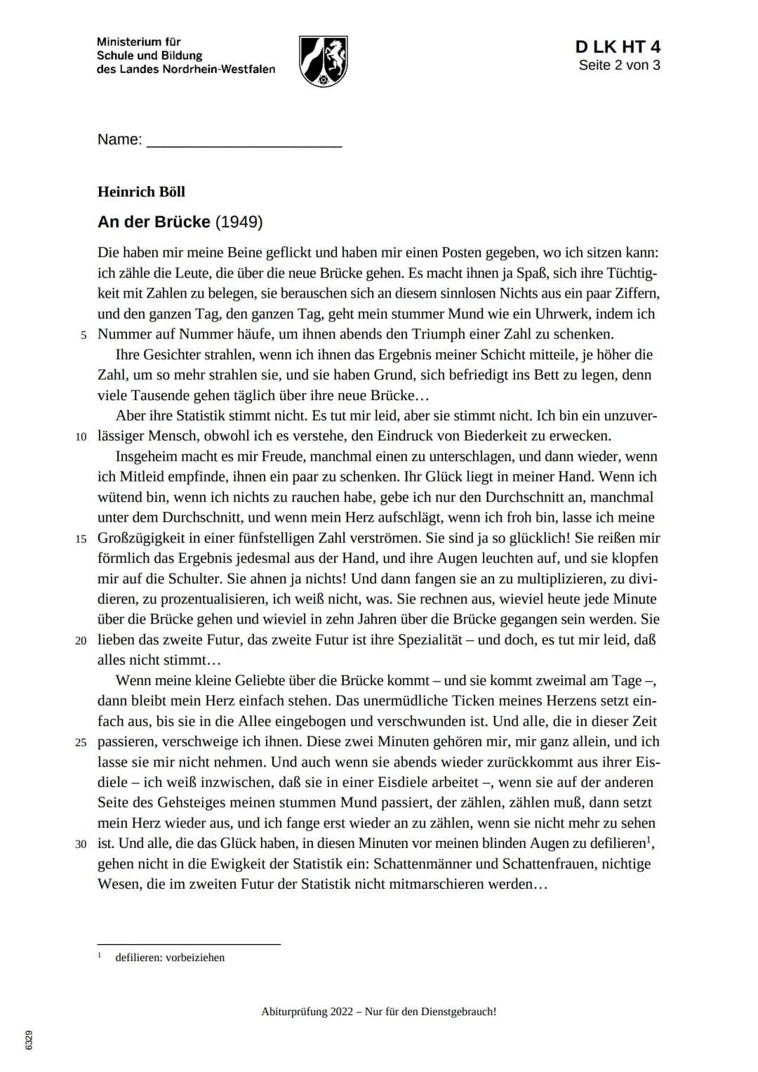 Ministerium für
Schule und Bildung
des Landes Nordrhein-Westfalen
D LK HT 4
Seite 1 von 3
Name:
Abiturprüfung 2022
Deutsch, Leistungskurs