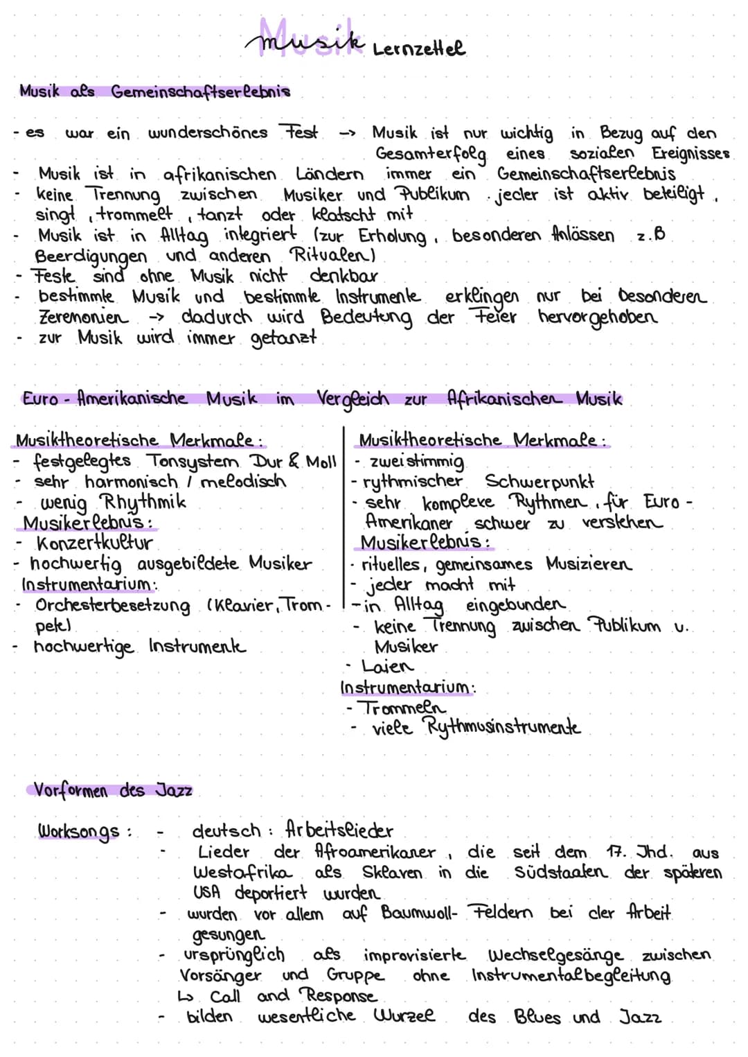 - afrikanische Musik z. B. Call and Response
- Musik als Gemeinschaftsmusik
- Wurzeln
- Tabelle Vergleich
- Gospel
- 13 Vorformen)
- Workson