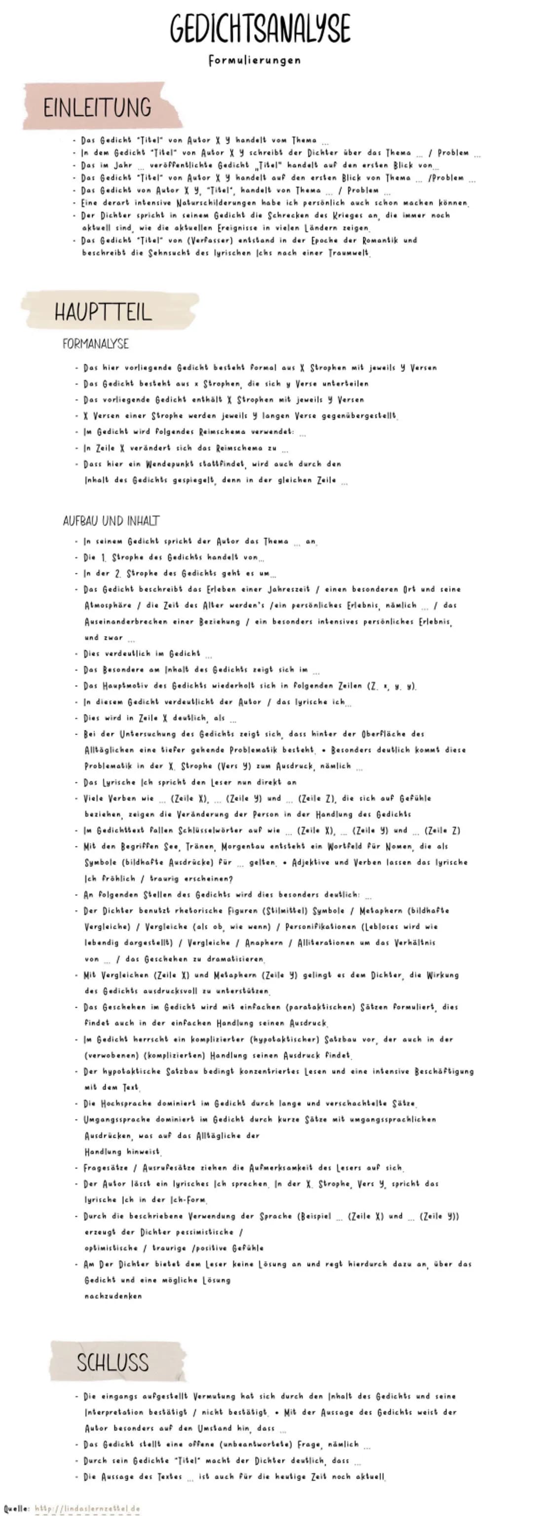 # GEDICHTSANALYSE
Formulierungen
## EINLEITUNG
- Das Gedicht "Titel" von Autor X Y handelt vom Thema ____.
- In dem Gedicht "Titel" von Aut