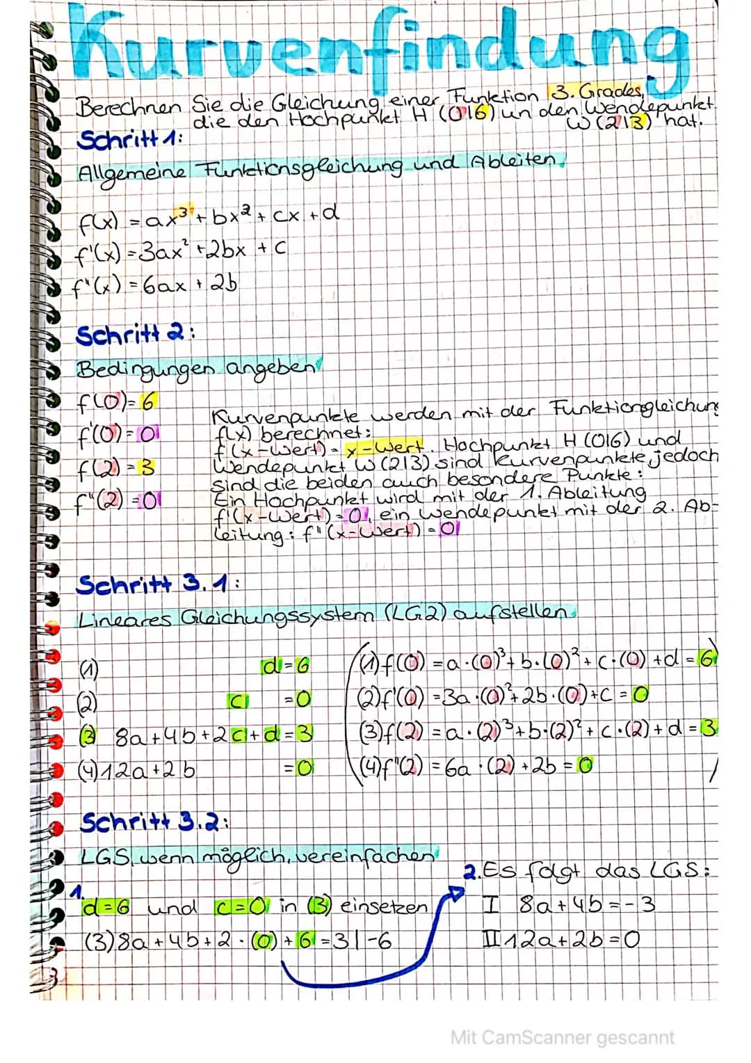 # Kurvenfindung
Berechnen Sie die Gleichung einer Funktion 3. Grades, die den Hochpunkt $H(0|6)$ und den Wendepunkt $W(2|3)$ hat.
## Schrit