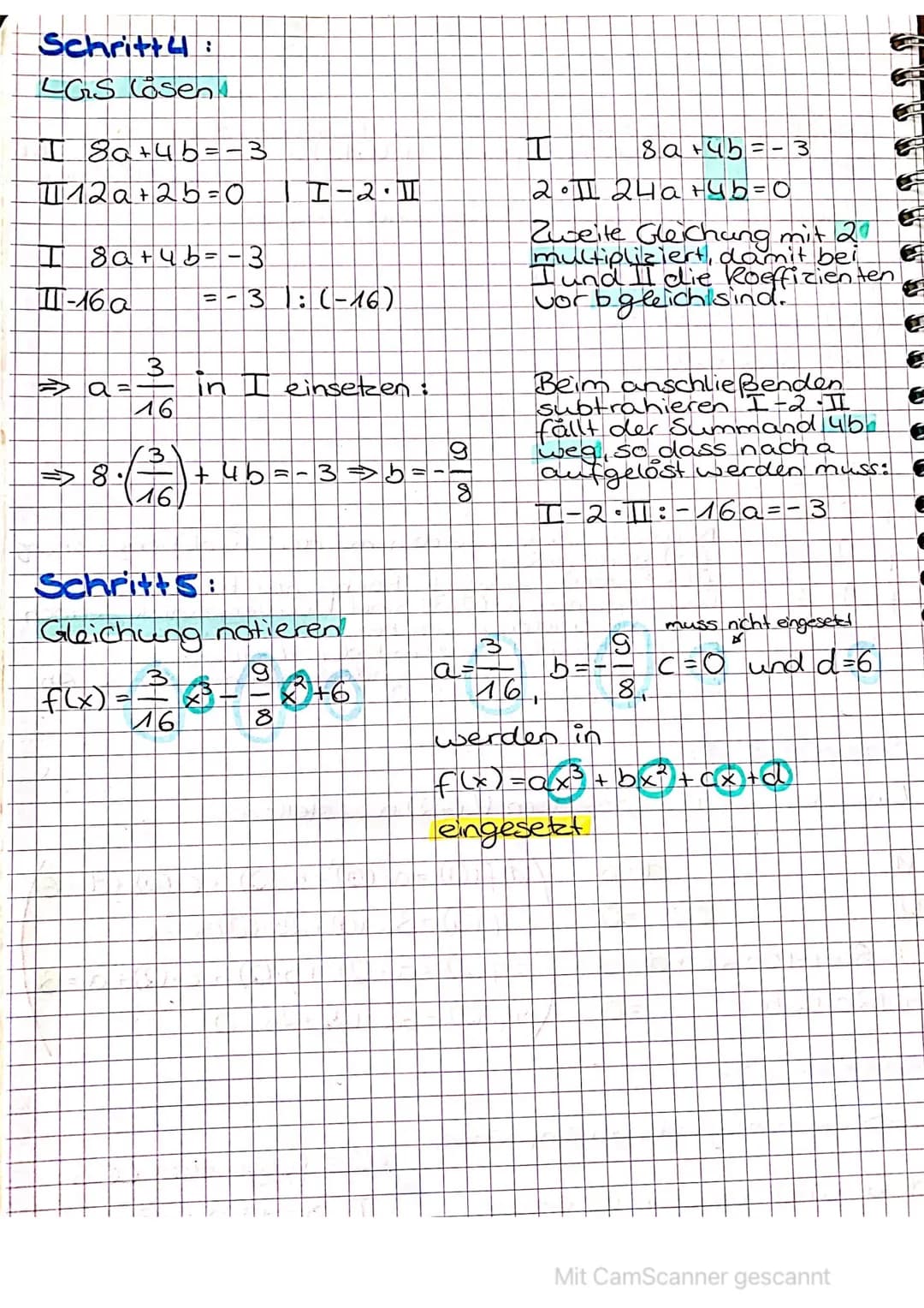 # Kurvenfindung
Berechnen Sie die Gleichung einer Funktion 3. Grades, die den Hochpunkt $H(0|6)$ und den Wendepunkt $W(2|3)$ hat.
## Schrit