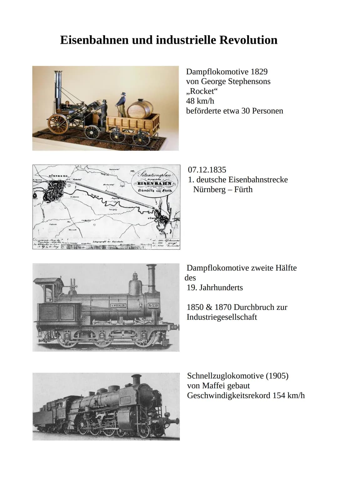 # Eisenbahnen und industrielle Revolution
Dampflokomotive 1829
von George Stephensons
„Rocket"
48 km/h
beförderte etwa 30 Personen
Situatio