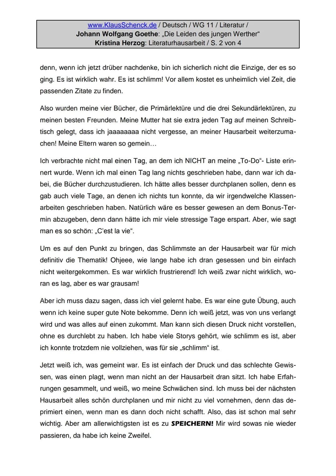 www.KlausSchenck.de / Deutsch/WG 11/Literatur /
Johann Wolfgang Goethe: „Die Leiden des jungen Werther"
Kristina Herzog: Literaturhausarbeit