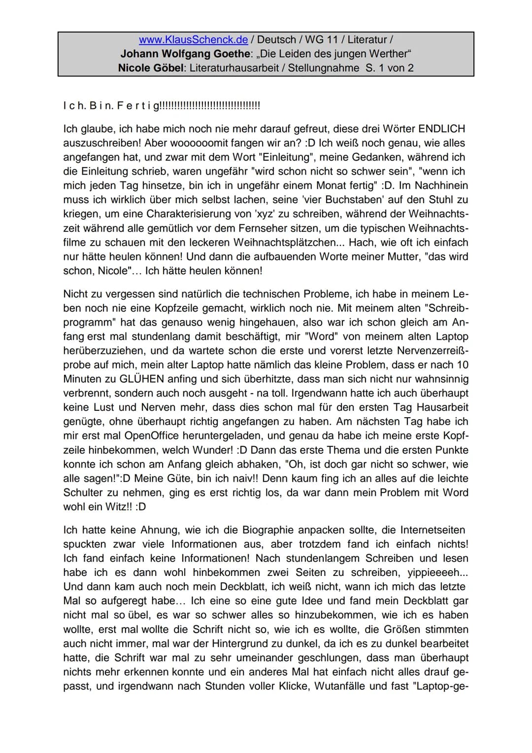 www.KlausSchenck.de / Deutsch/WG 11/Literatur /
Johann Wolfgang Goethe: „Die Leiden des jungen Werther"
Kristina Herzog: Literaturhausarbeit