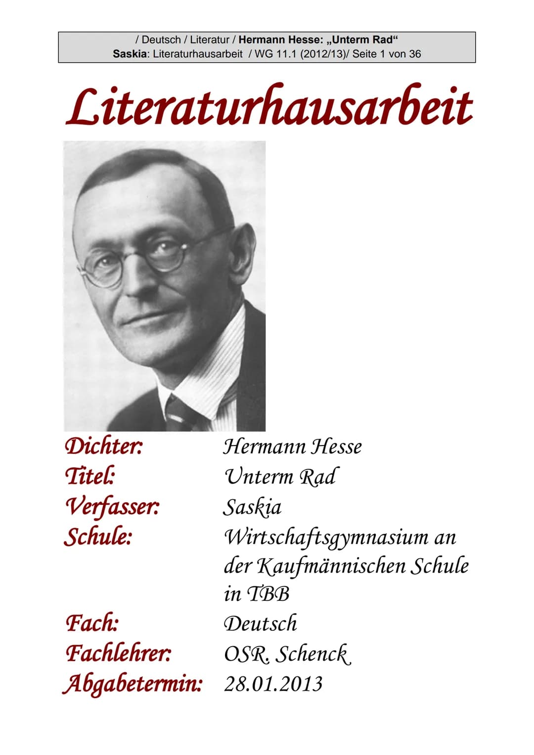 / Deutsch / Literatur / Hermann Hesse: „Unterm Rad“
Saskia: Literaturhausarbeit / WG 11.1 (2012/13)/ Seite 1 von 36
# Literaturhausarbeit