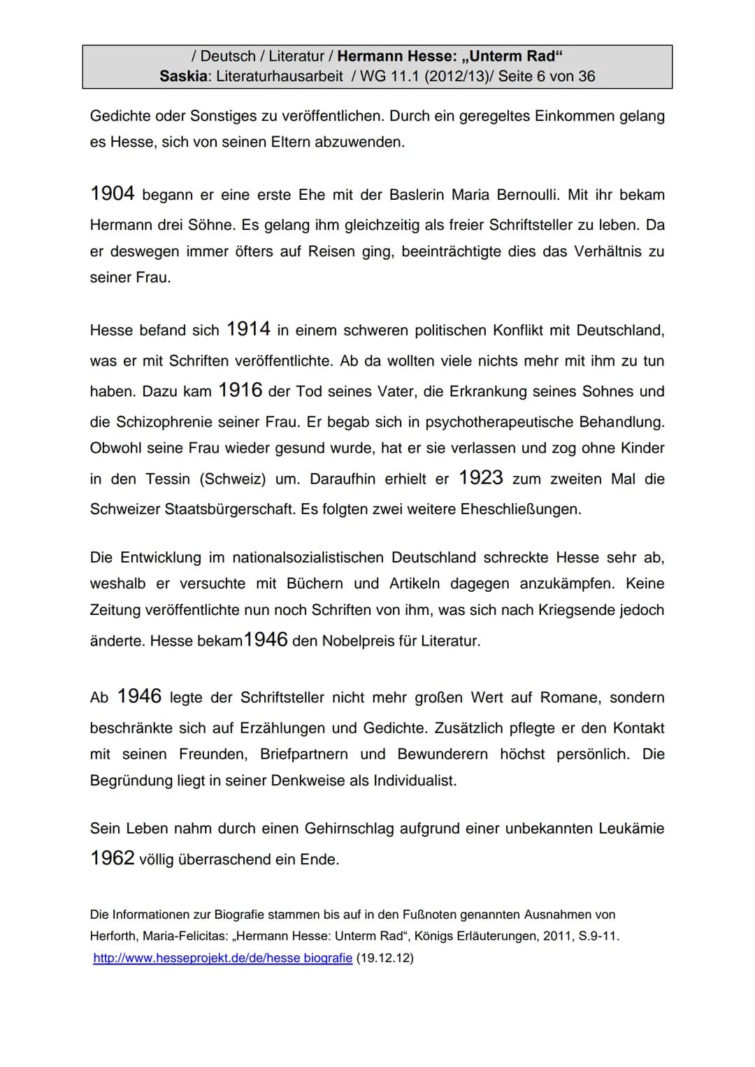 / Deutsch / Literatur / Hermann Hesse: „Unterm Rad“
Saskia: Literaturhausarbeit / WG 11.1 (2012/13)/ Seite 1 von 36
# Literaturhausarbeit