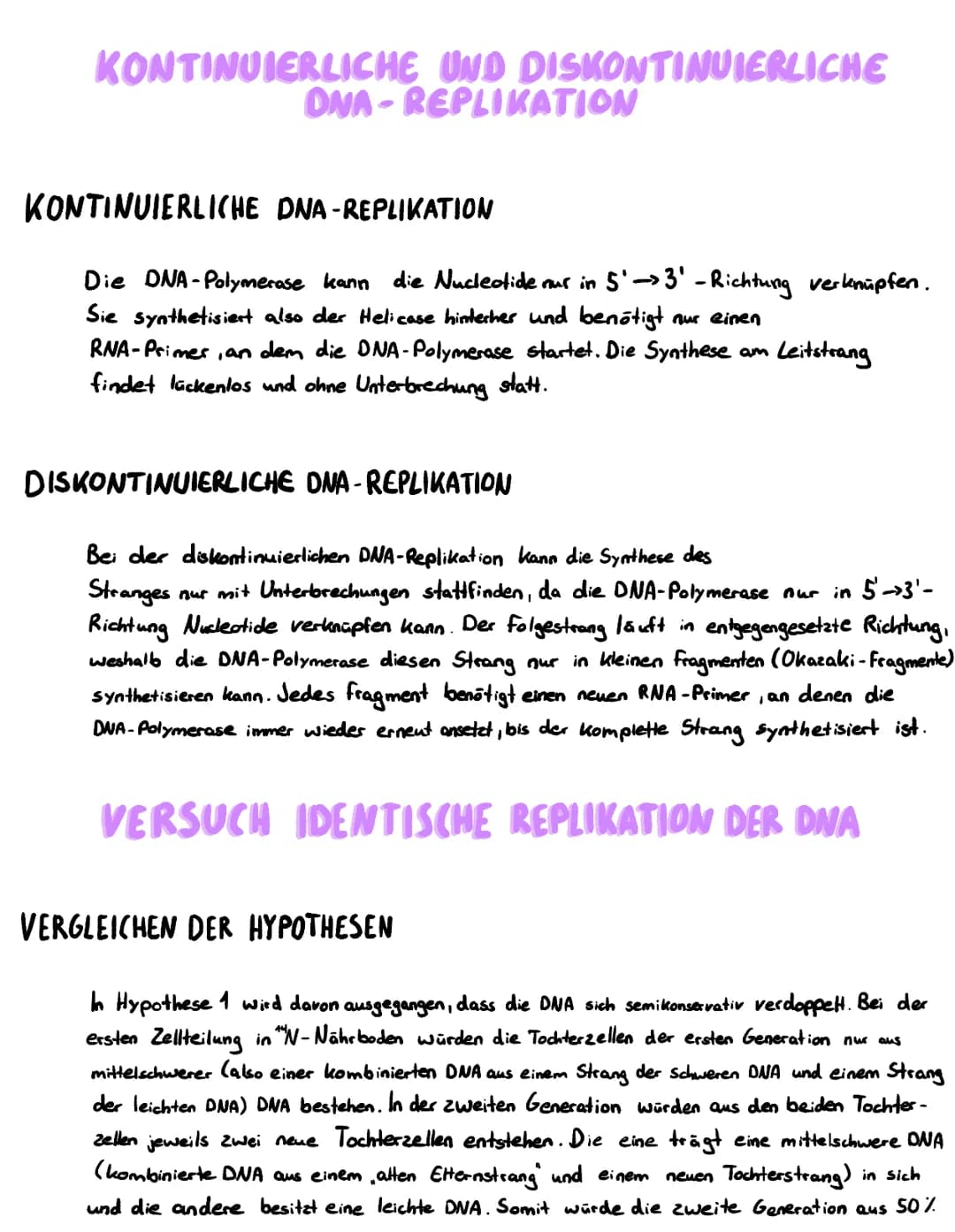 <p>Die DNA besteht aus einem mittelschweren und einem 50% leichten Anteil. Es gibt zwei Hypothesen zur Verdopplung der DNA: Die erste besag