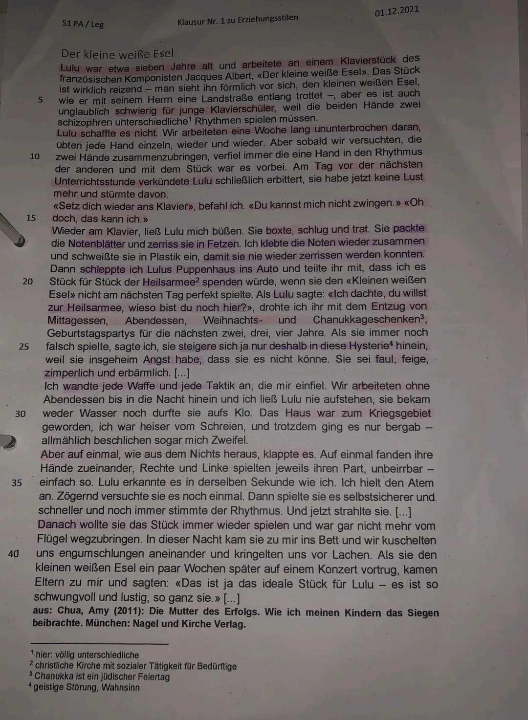 # S1 PA/Leg
Klausur Nr. 1 zu Erziehungsstilen
Erwartungshorizont „Der kleine weiße Esel"
Name: Jesy
Teilaufgabe I
Anforderungen
Die Schüleri