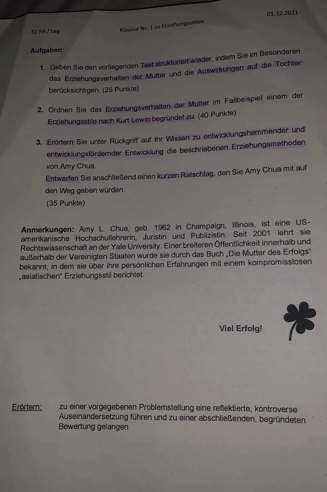 # S1 PA/Leg
Klausur Nr. 1 zu Erziehungsstilen
Erwartungshorizont „Der kleine weiße Esel"
Name: Jesy
Teilaufgabe I
Anforderungen
Die Schüleri