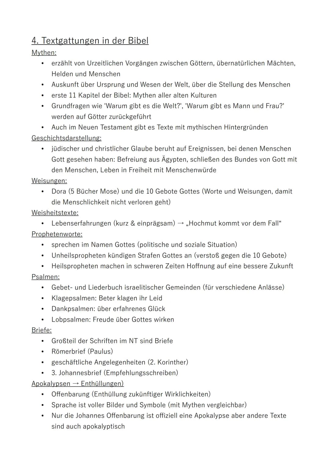# 4. Textgattungen in der Bibel
Mythen:
* erzählt von Urzeitlichen Vorgängen zwischen Göttern, übernatürlichen Mächten, Helden und Menschen
