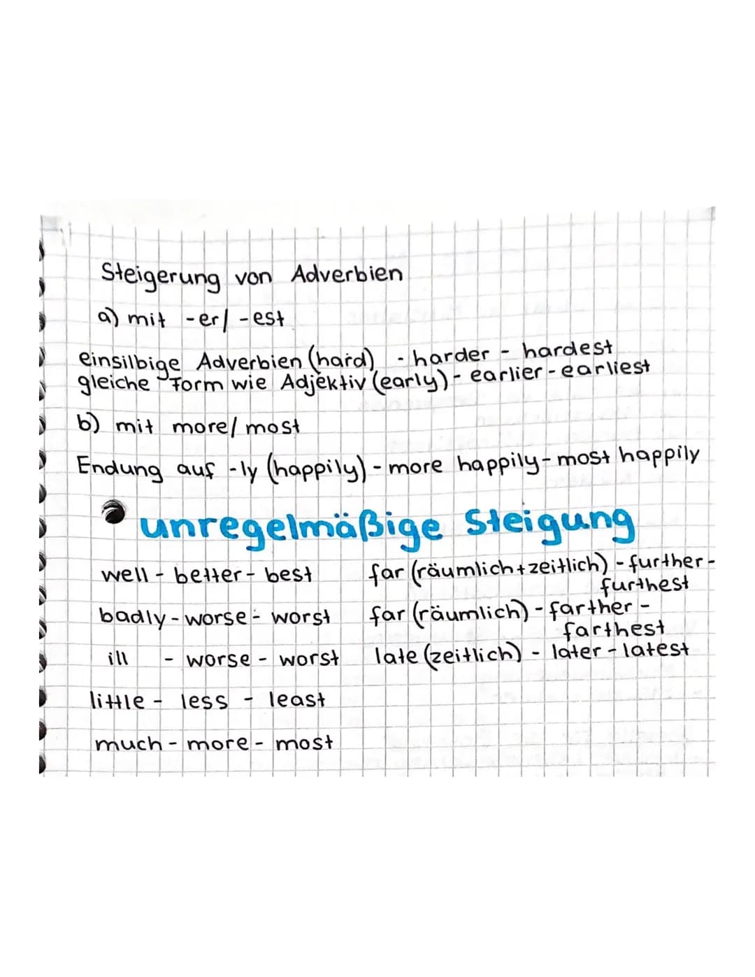 # Steigerung von Adverbien
a) mit -er/-est
einsilbige Adverbien (hard) - harder - hardest
gleiche Form wie Adjektiv (early) - earlier-ea