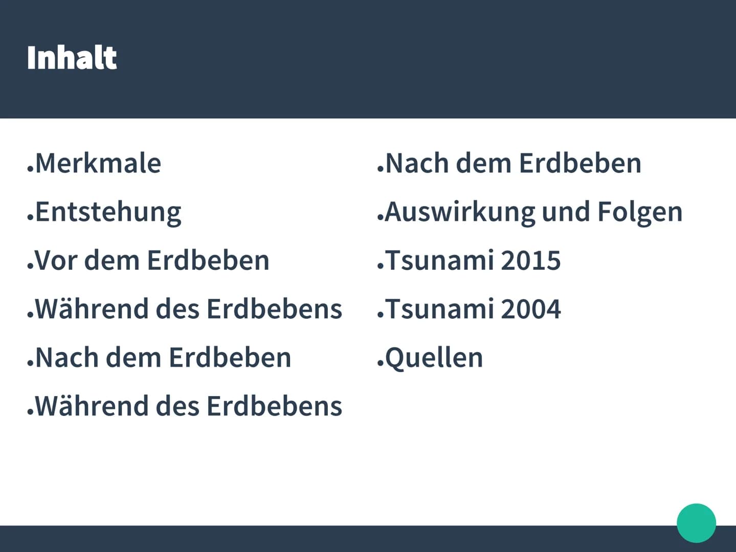 # Tsunami
## Merkmale:
- Wellenkamm kann eine Länge von 100 - 300 km erreichen
- Durchschnittsgeschwindigkeit von 800 km/h
- legen Strecken