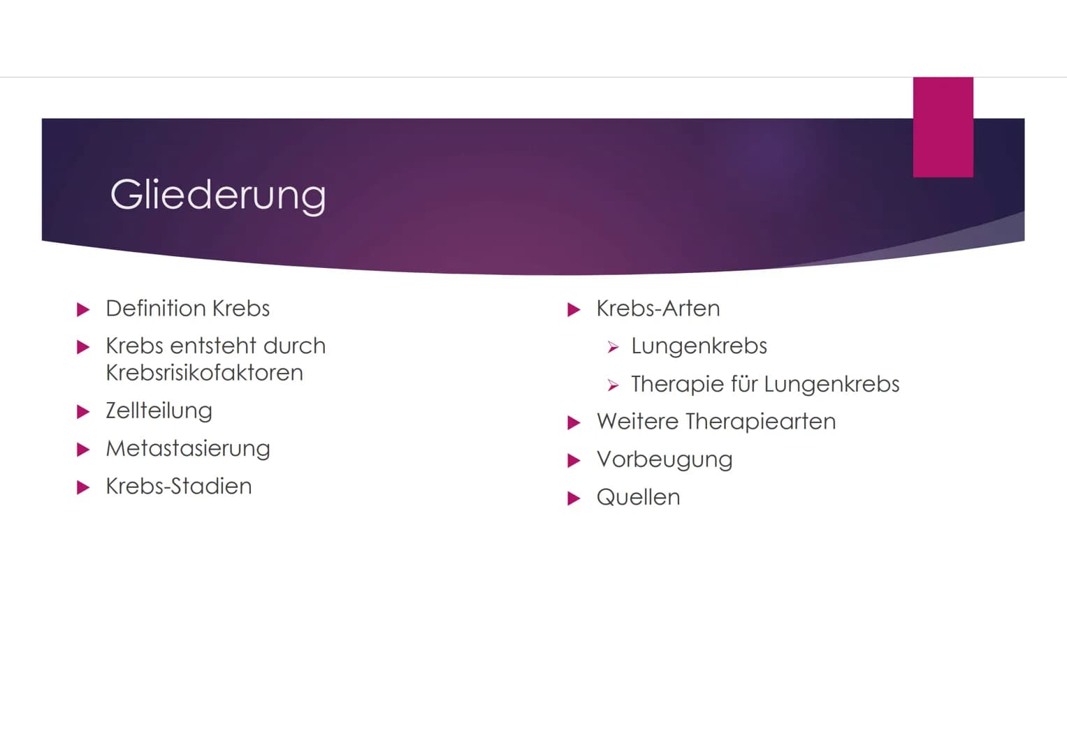 GFS-Krebs im Fach
Biologie
TERESA SCHNEIDER, KL. 7C
22.03.2018 # Gliederung
- Definition Krebs
- Krebs entsteht durch Krebsrisikofaktoren
-