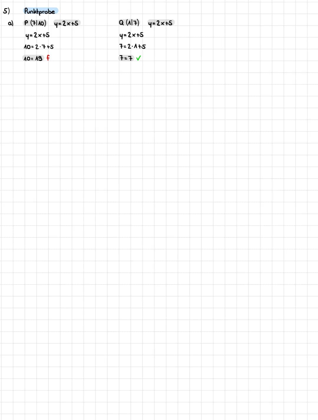 ### 3) Schnittpunkt der beiden geraden bestimmen
a) $y=x-3$
$y=-x+7$
$x-3=-x+7 \quad |+3$
$x=-x+10 \quad |+x$
$2x = 10$
$:2$
$x=5$
S (5|2)
$