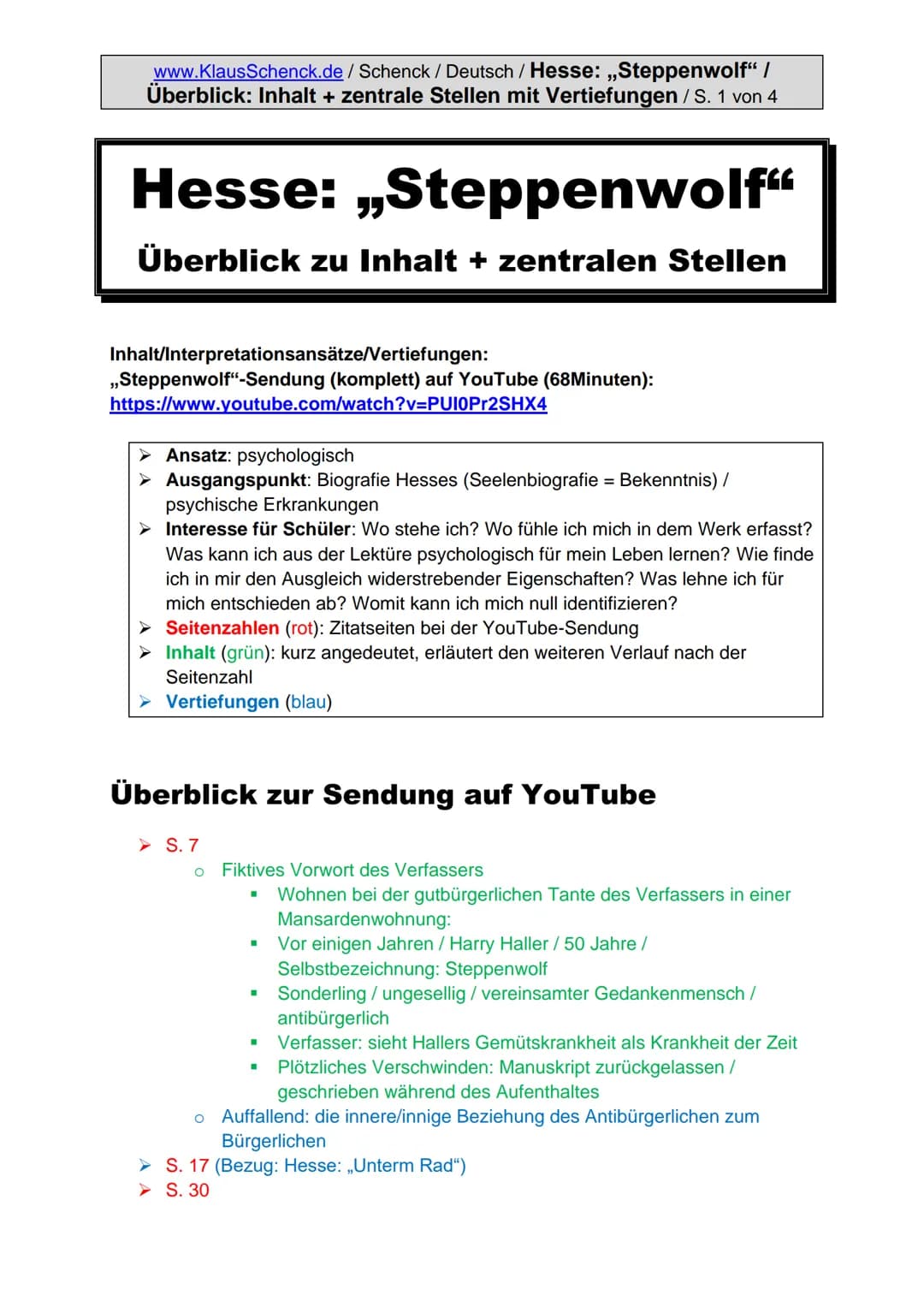 www.KlausSchenck.de / Schenck / Deutsch / Hesse: „Steppenwolf" /
Überblick: Inhalt + zentrale Stellen mit Vertiefungen / S. 1 von 4
# Hesse: