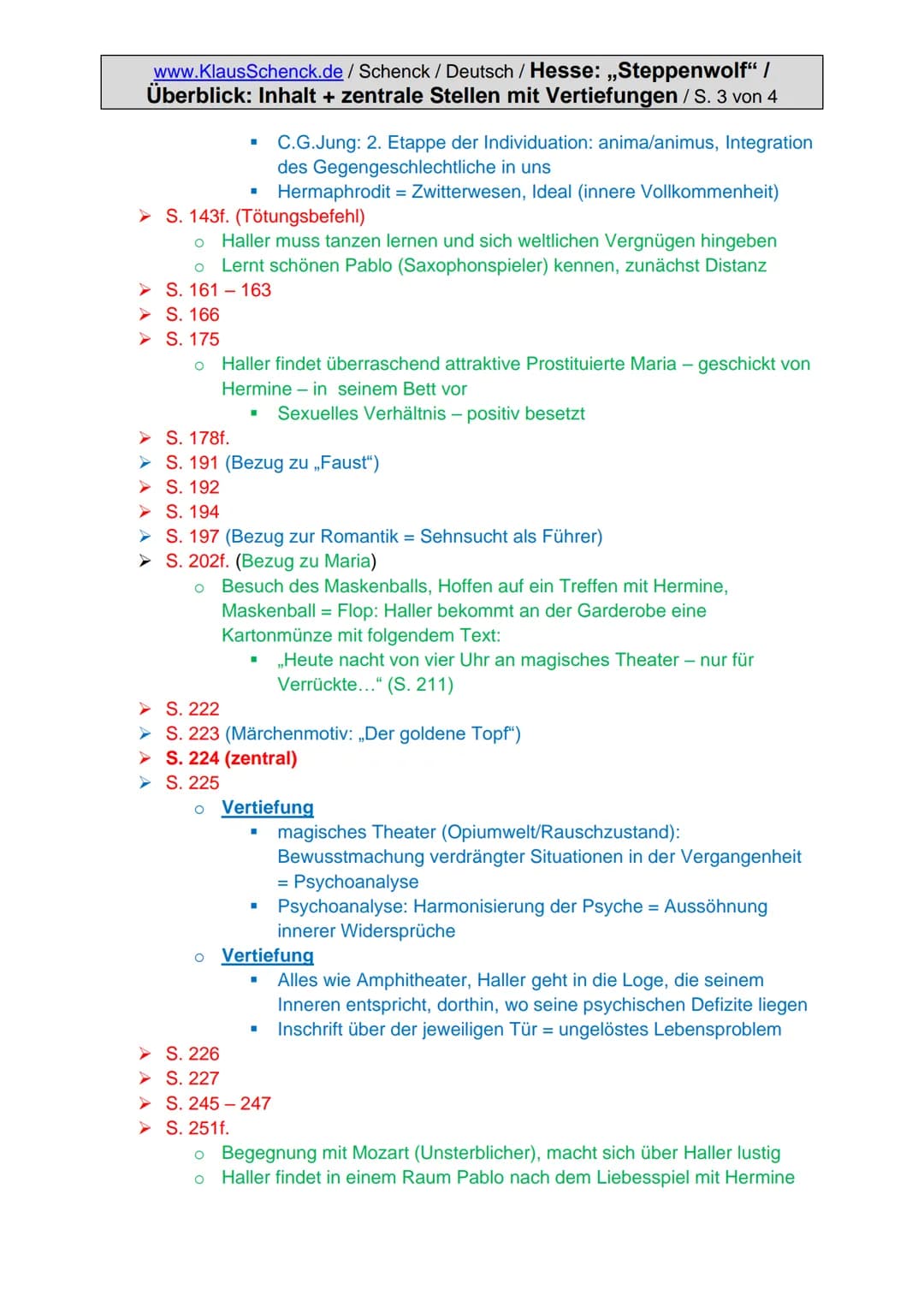 www.KlausSchenck.de / Schenck / Deutsch / Hesse: „Steppenwolf" /
Überblick: Inhalt + zentrale Stellen mit Vertiefungen / S. 1 von 4
# Hesse: