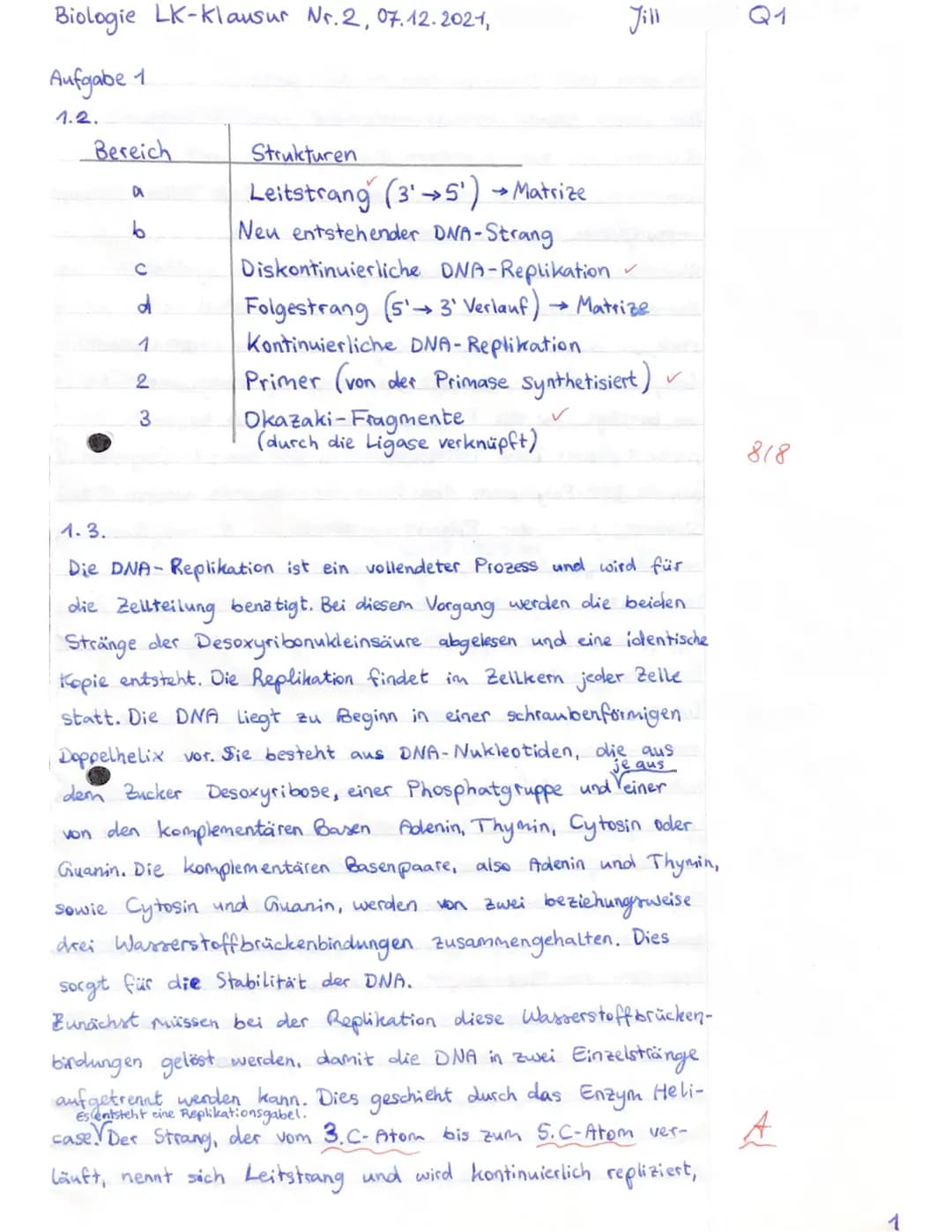 # BEWERTUNGSBOGEN BIO-KLAUSUR 1
NAME: Ji'll
| Teilaufgabe | Der Schüler/Die Schülerin | Punkte | Erreichte Punkte |
|---|---|---|---|
| 1.1