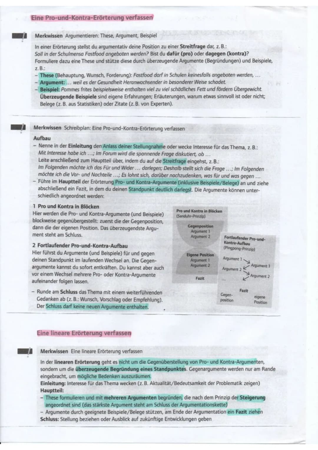 # Eine Pro-und-Kontra-Erörterung verfassen
### Merkwissen Argumentieren: These, Argument, Beispiel
In einer Erörterung stellst du argument